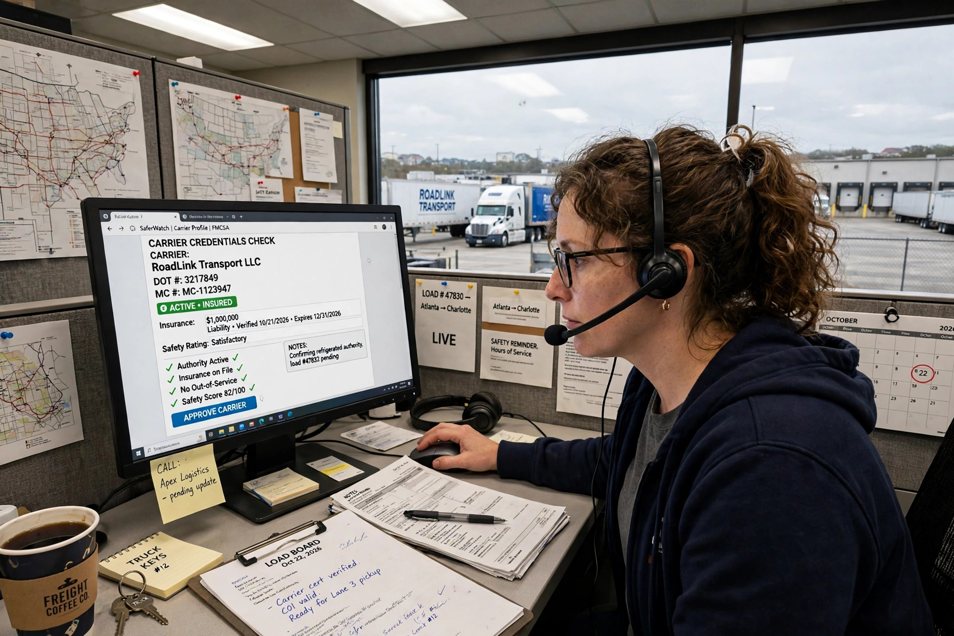 A dispatcher checking carrier credentials on a computer screen in a freight brokerage office with trucks visible outside