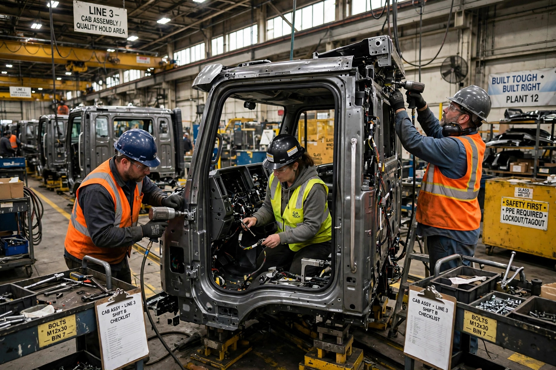 Workers assembling a heavy-duty truck cab on a production line inside a large truck plant