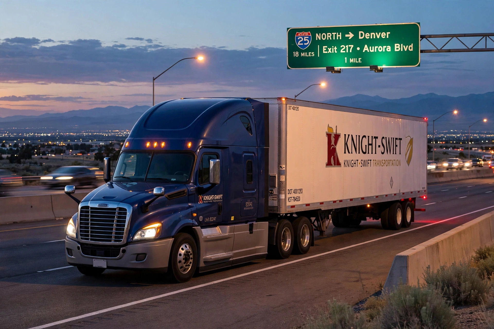 A Knight-Swift semi truck and trailer on an interstate highway at dusk