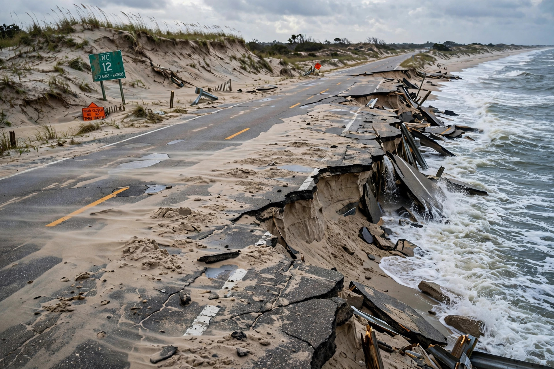 Ocean waves undermining a damaged two-lane coastal highway with eroded dunes and sand across the pavement on the Outer Banks