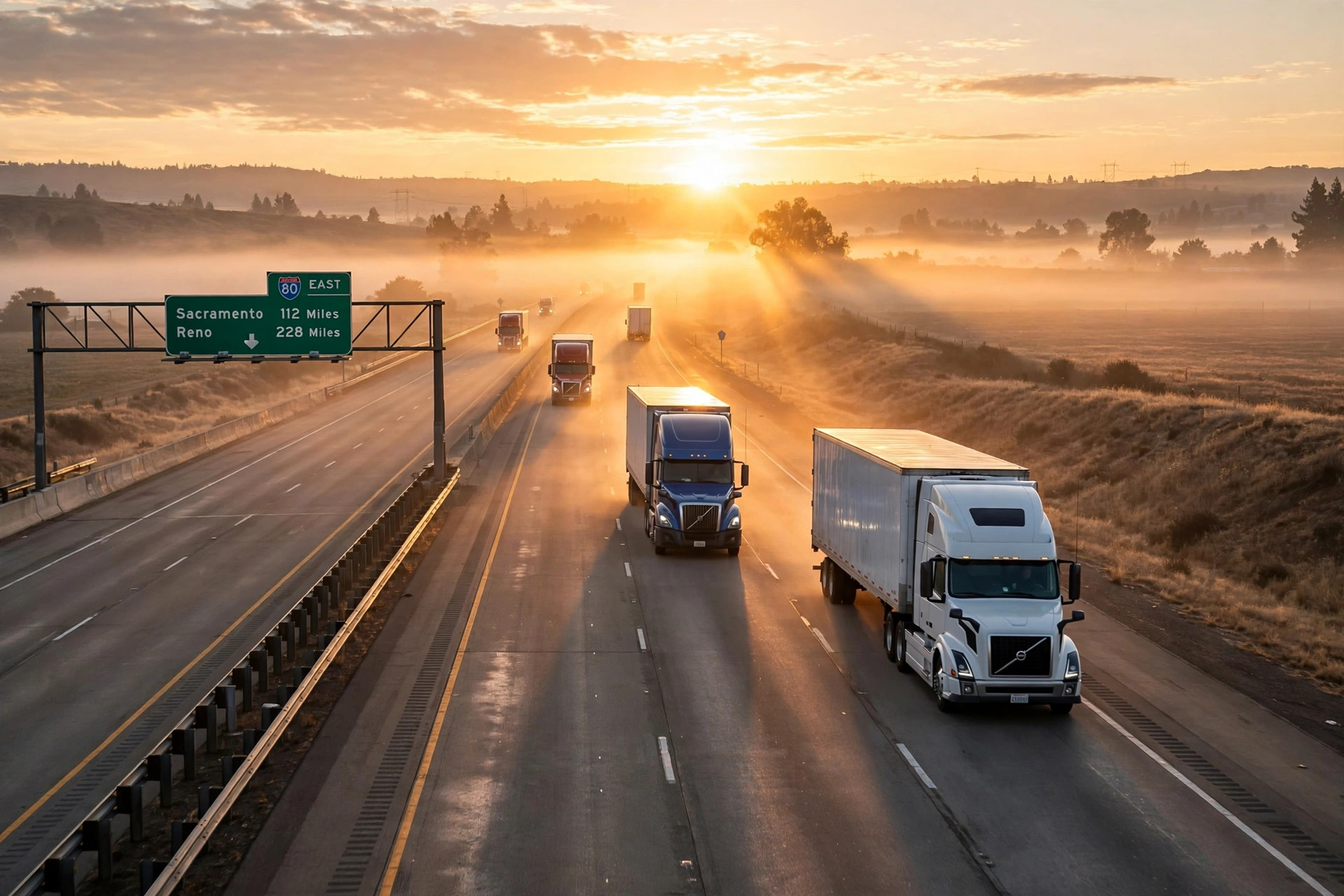 Sunrise over an interstate highway with semi trucks driving into the morning light