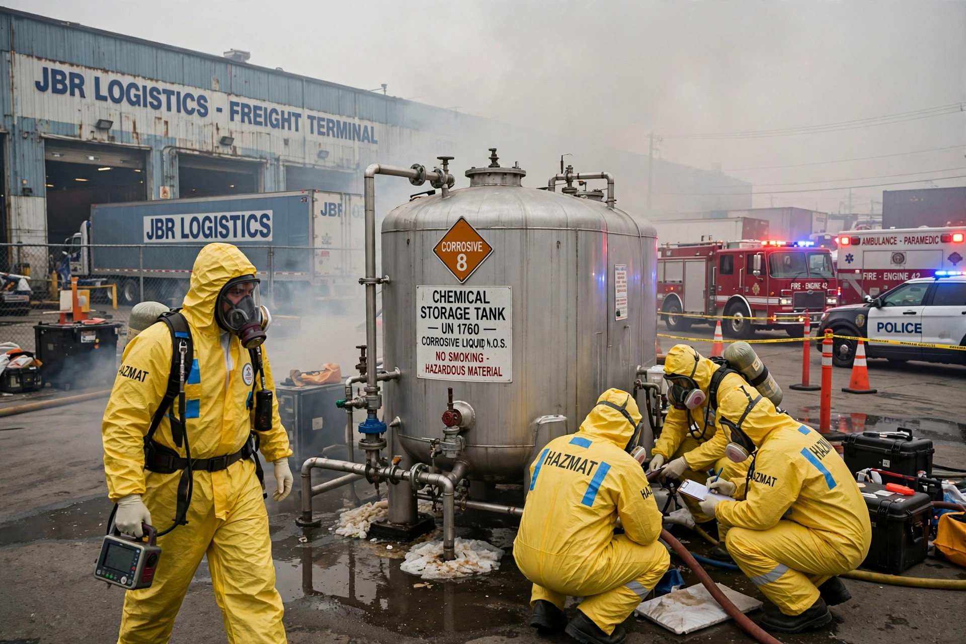 Hazmat crews and a chemical storage tank at a trucking terminal with a haze in the air and emergency vehicles nearby