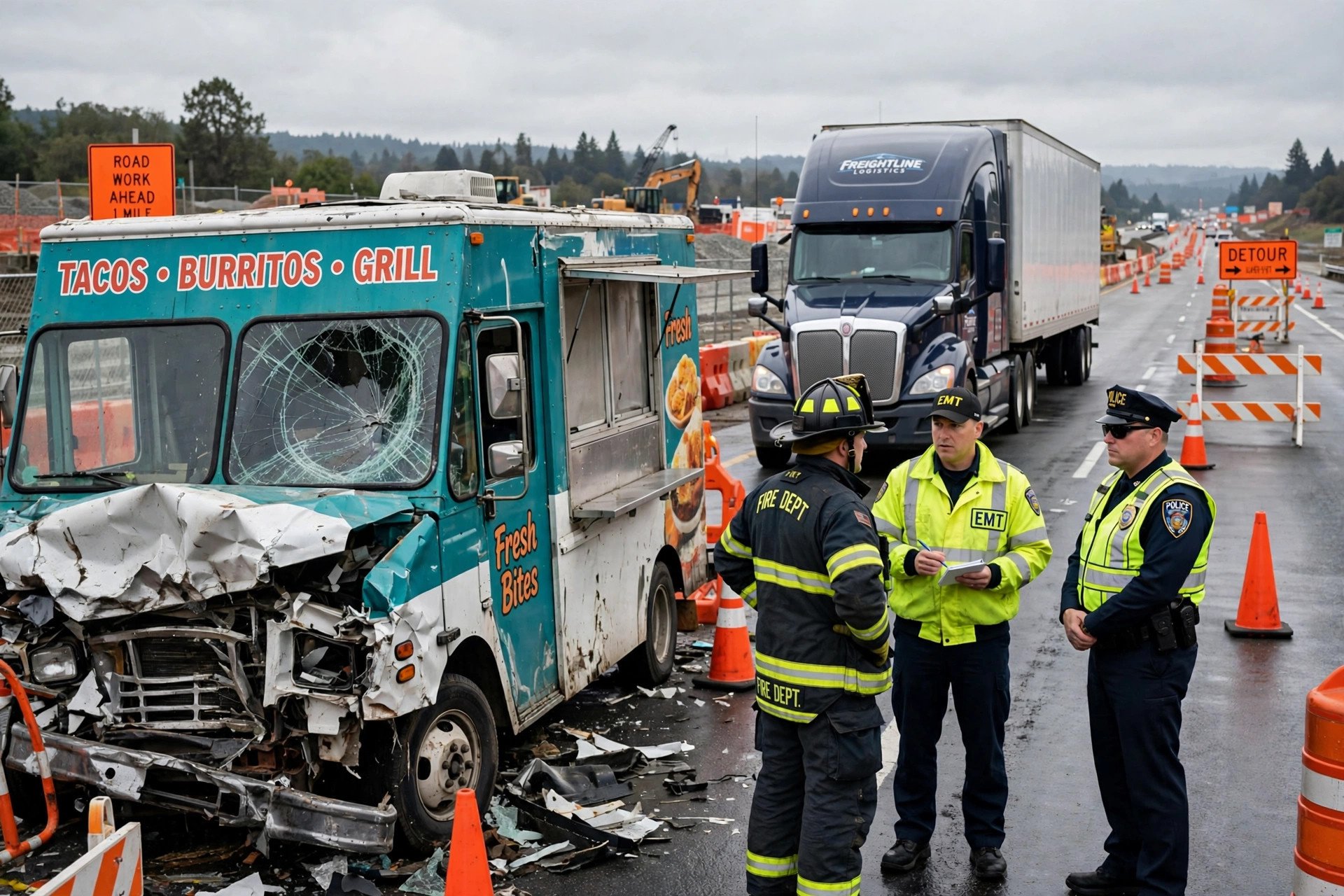 Emergency responders and orange cones around a heavily damaged small food truck and a semi in a highway construction zone
