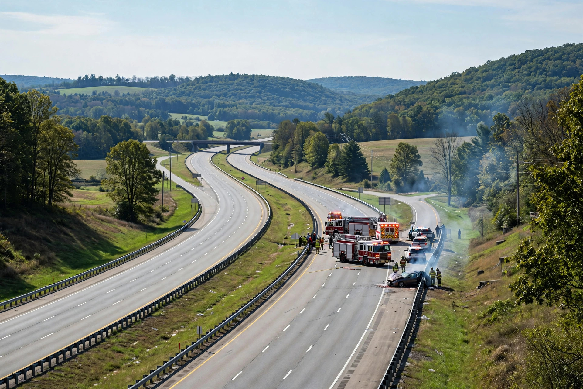 Fire trucks and responders at a crash scene on a rural Pennsylvania interstate, seen from a distance