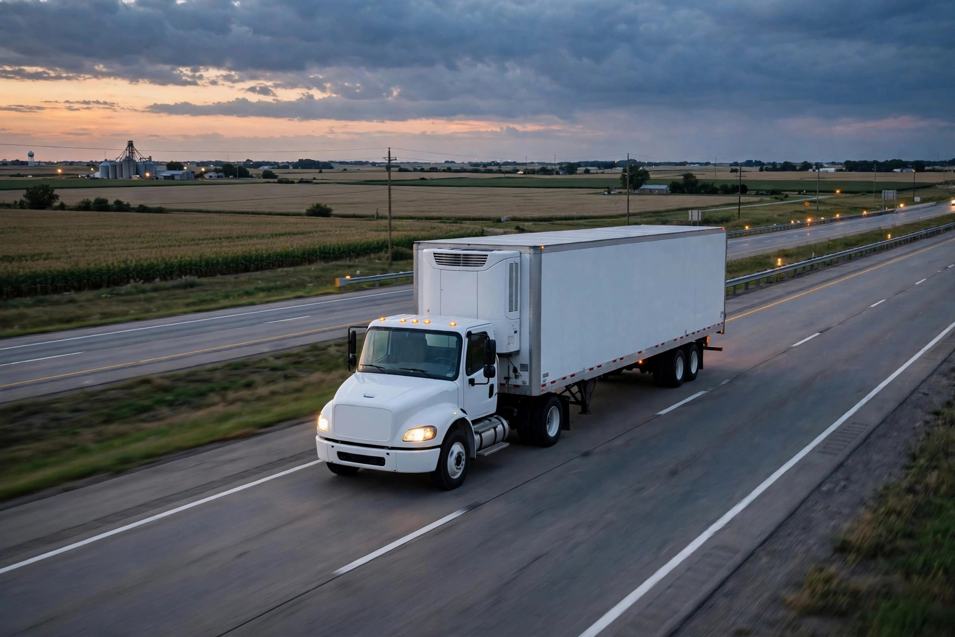 A plain white refrigerated semi truck on a Midwest interstate at dusk