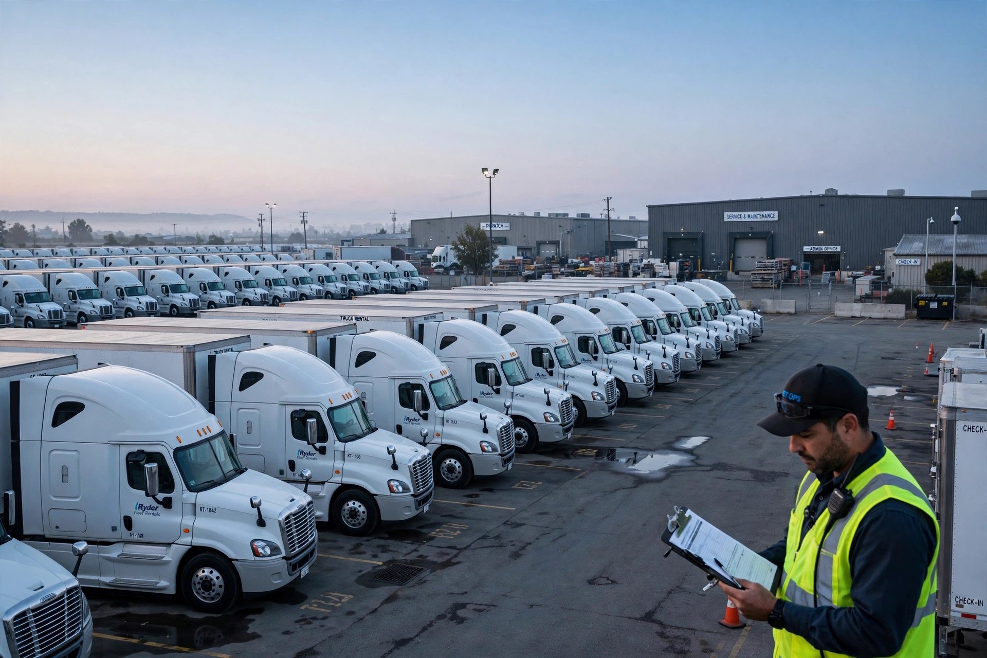 Rows of white semi tractors lined up in a large commercial truck fleet yard at dawn