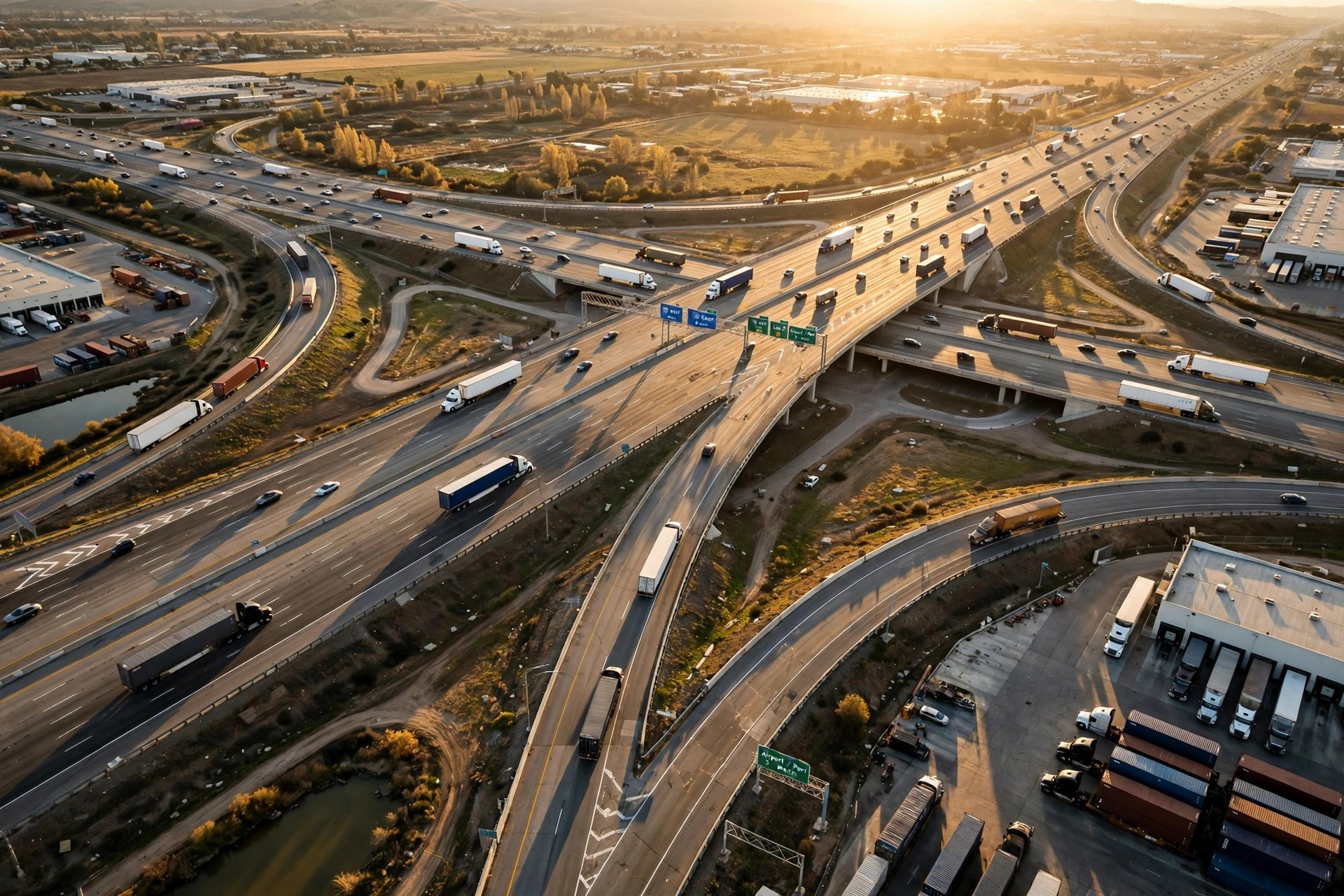 An aerial view of semi trucks moving through a multi-lane interstate interchange at golden hour