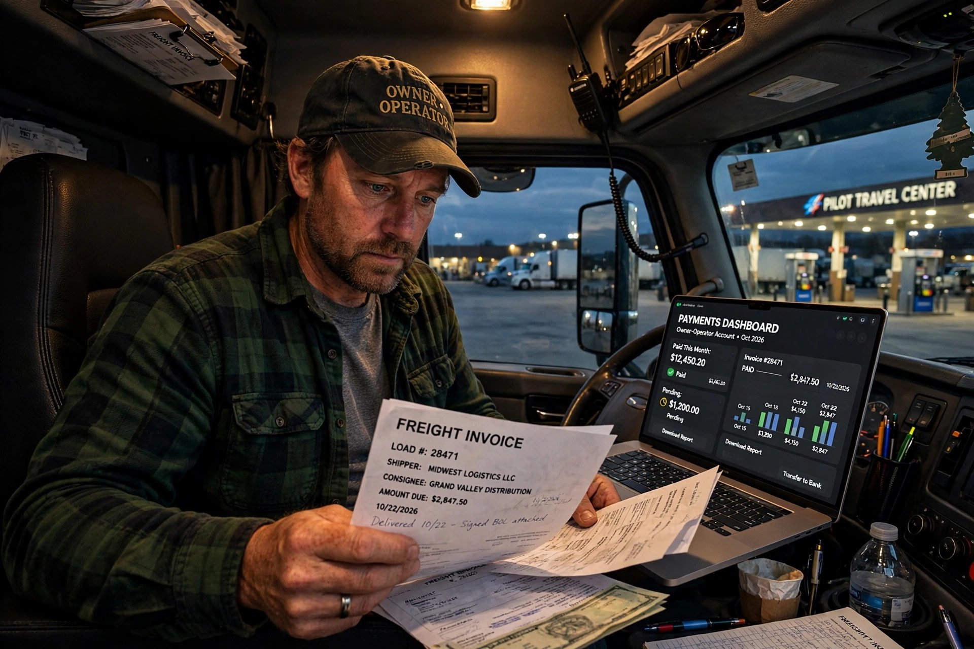 A truck driver reviewing freight invoices and a laptop payment dashboard inside a semi cab at dusk