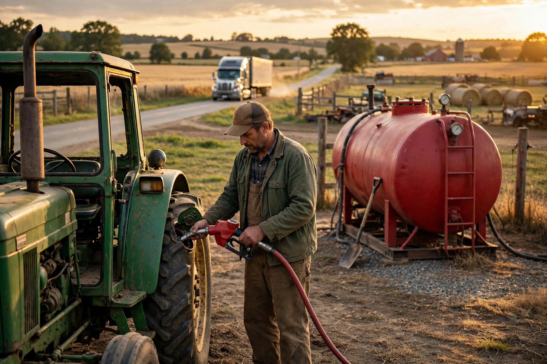 A farmer fueling a green tractor from a red farm diesel tank at golden hour, with a semi truck on a rural road in the background