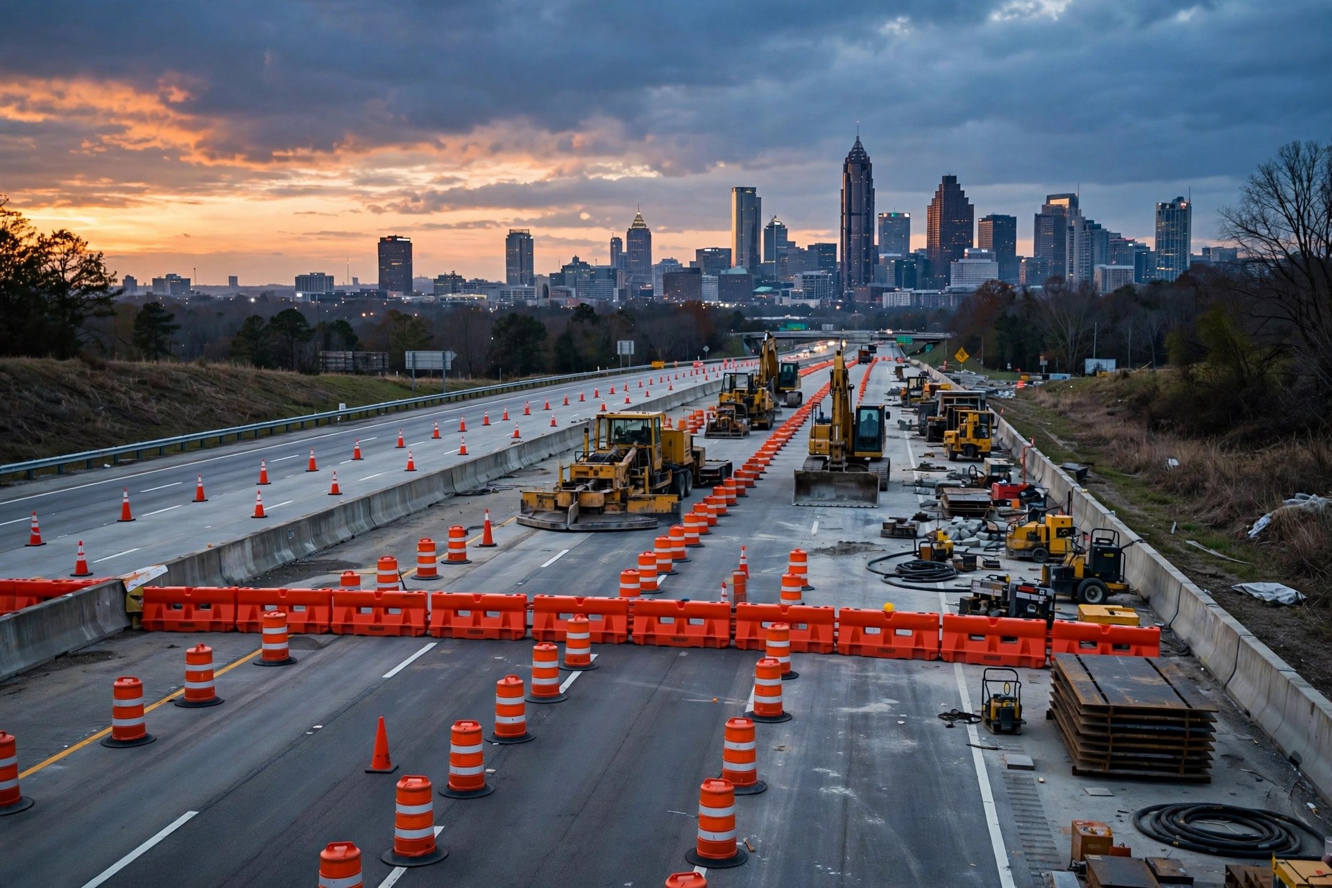 A closed interstate highway blocked by orange barriers and construction equipment at dusk, with the Atlanta skyline behind it