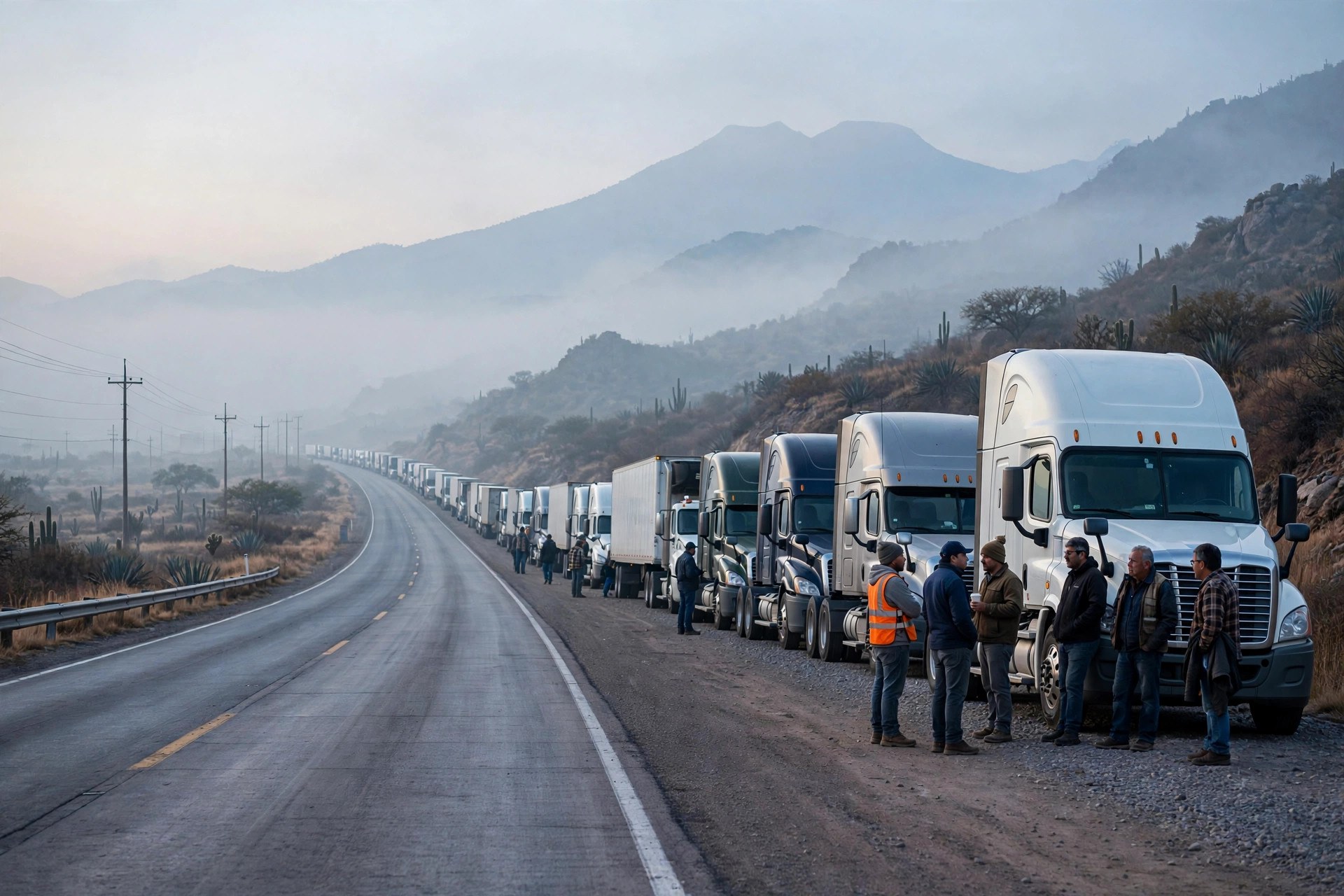 A long line of semi trucks parked on the shoulder of a desert highway in Mexico at dawn, with drivers standing beside the lead truck
