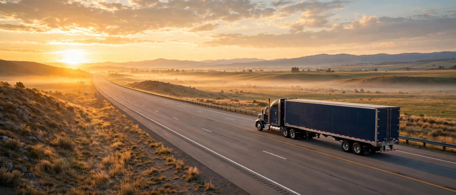A semi truck on an open interstate at sunrise under golden light