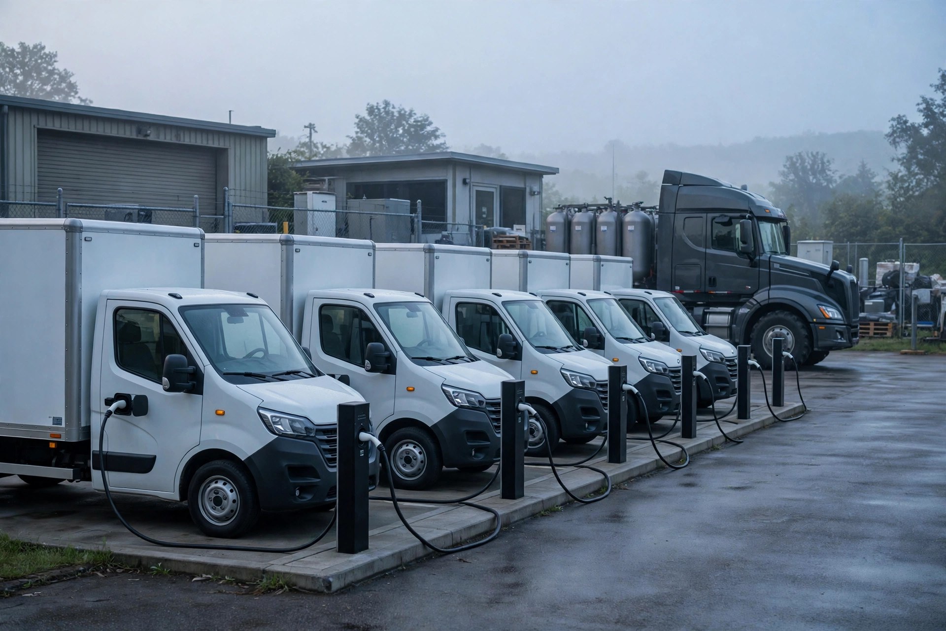 A row of white medium-duty electric box trucks plugged into charging posts at a depot, with a large semi tractor parked behind them