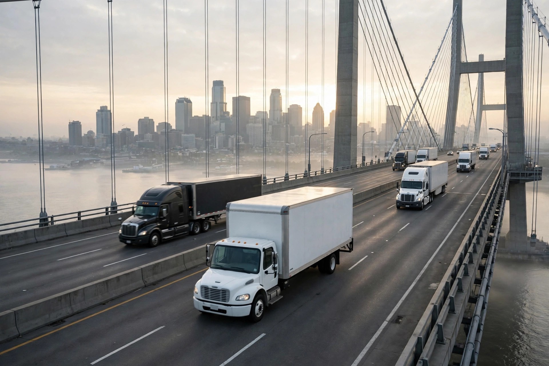 Box trucks and semi trucks crossing a large suspension bridge toward a city skyline in morning light