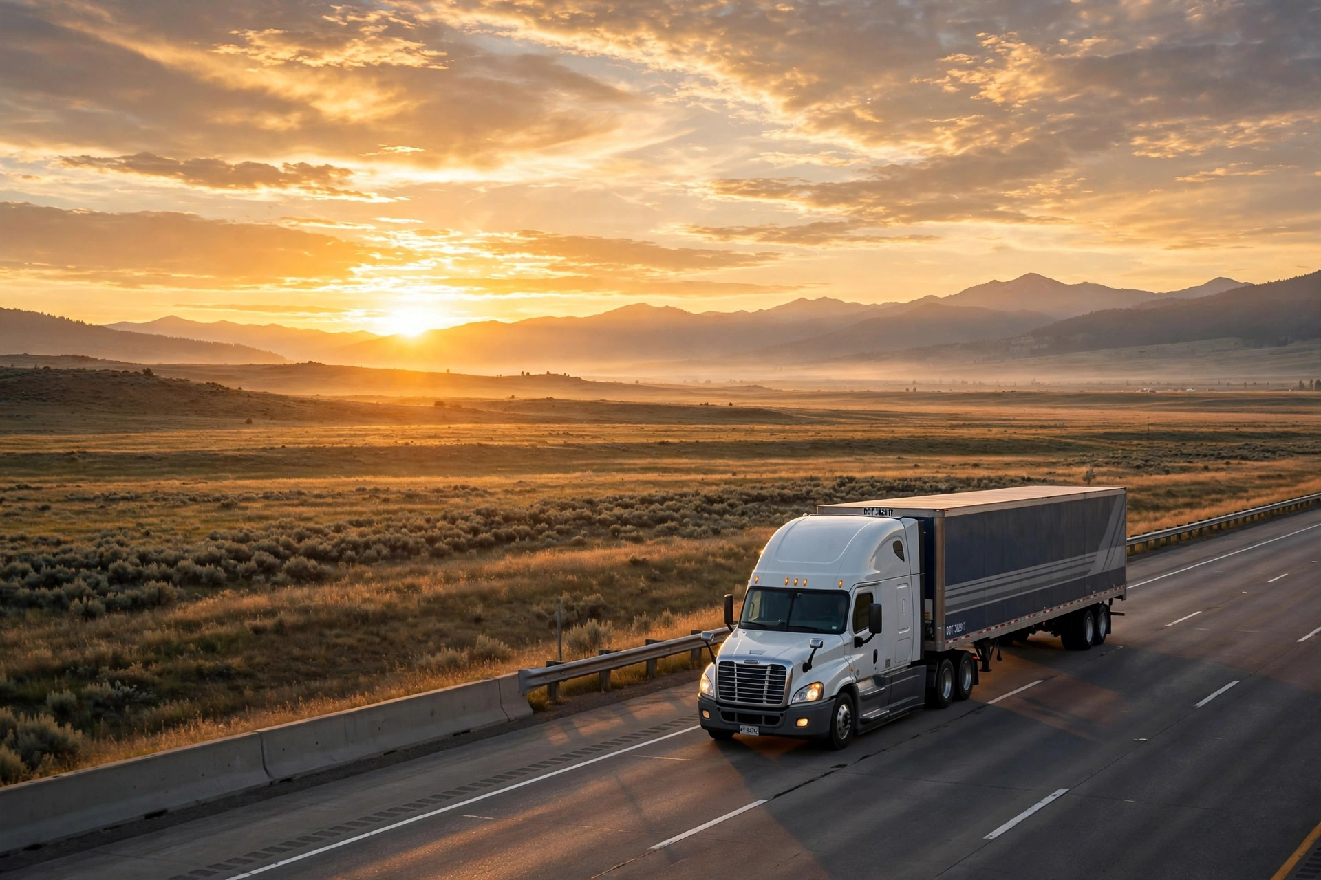 A semi truck on an open interstate at sunrise under golden light