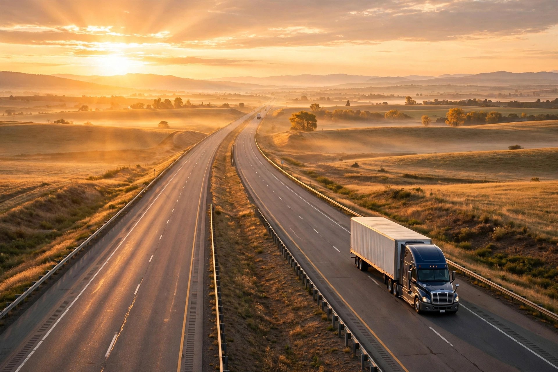 A semi truck on an open interstate at sunrise under golden light