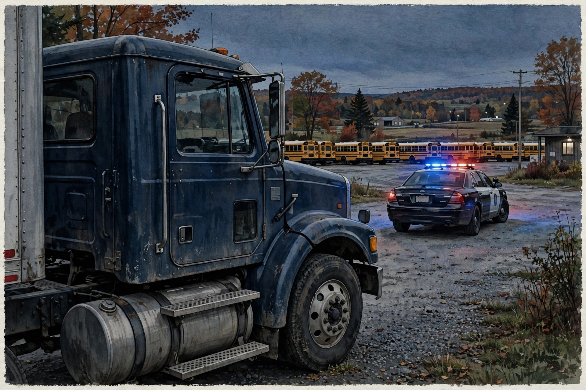 Illustration of a dark blue semi truck cab parked at dusk in a lot, with a police cruiser and a row of yellow school buses behind it