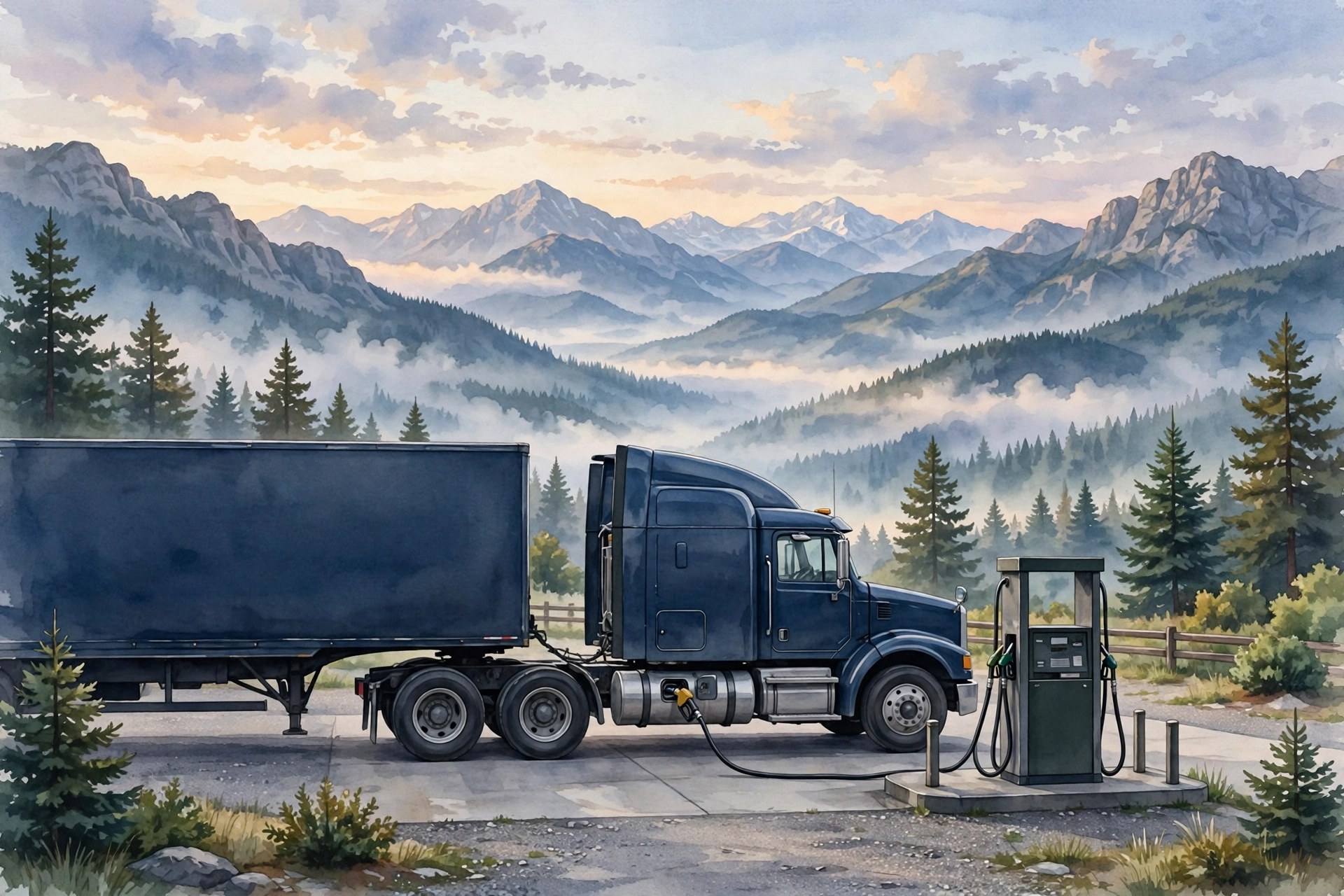 Illustration of a dark blue semi truck fueling at a diesel pump with the Rocky Mountains behind it at dawn