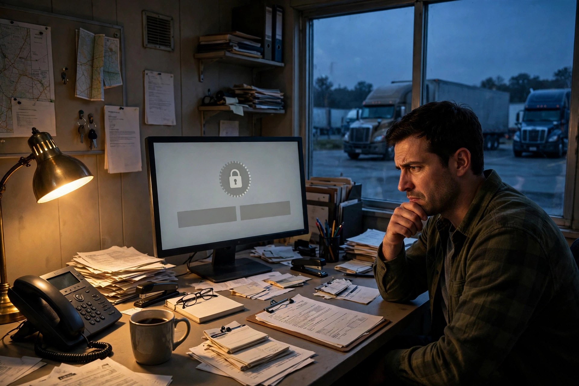 Illustration of a dispatcher at a desk facing a blocked registration sign-in screen on a monitor, with a semi truck parked outside the office window at dusk