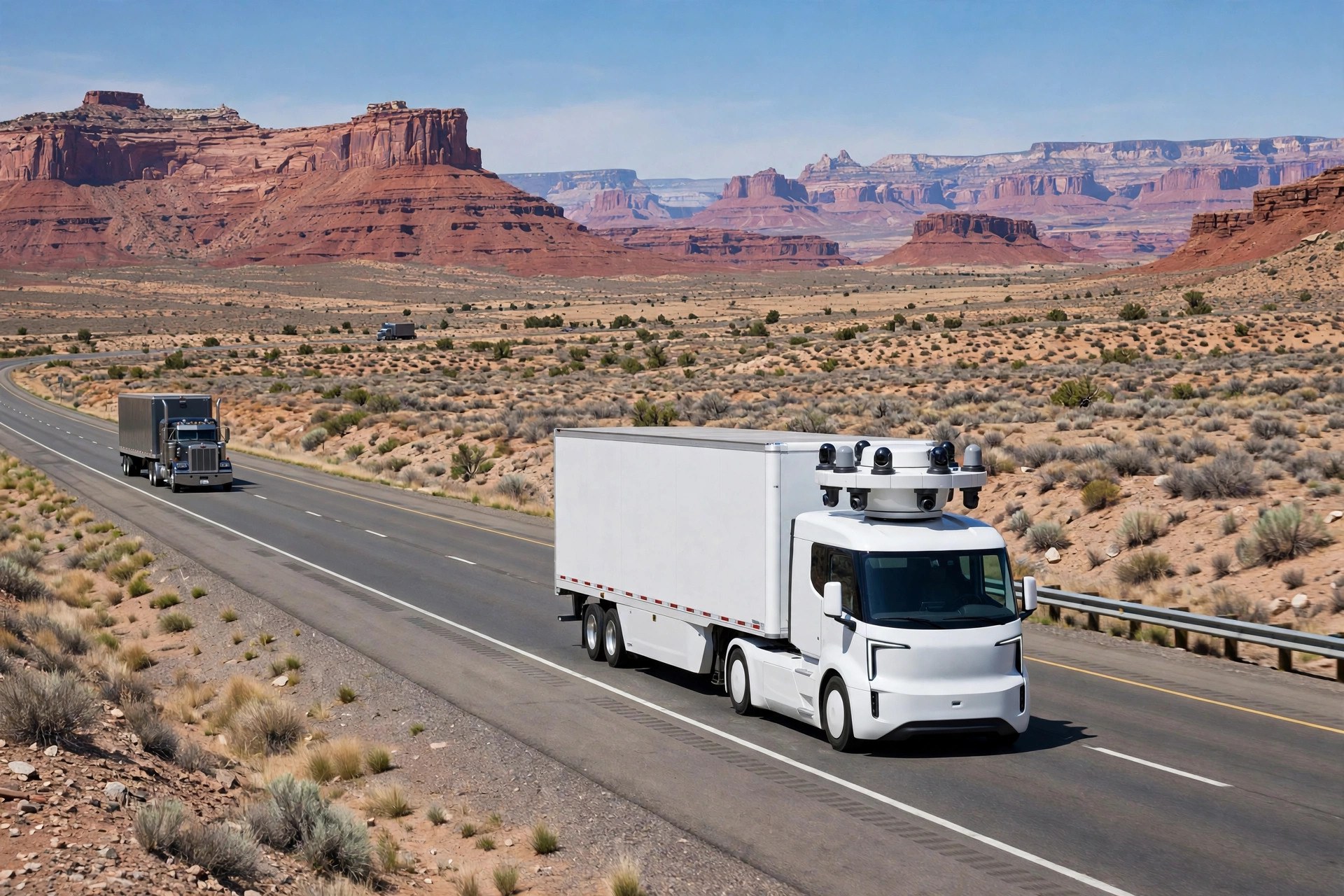 Illustration of a white autonomous semi truck with a roof sensor array driving on Interstate 40 through the New Mexico desert, red mesas behind it and a conventional semi following at a distance