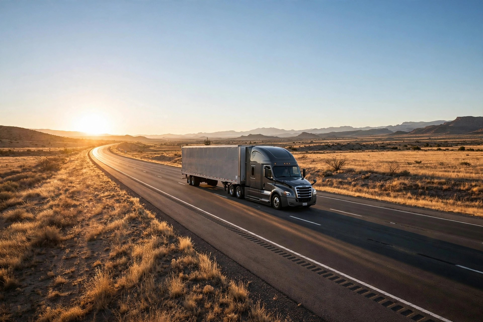 A semi truck on an open interstate at sunrise under golden light