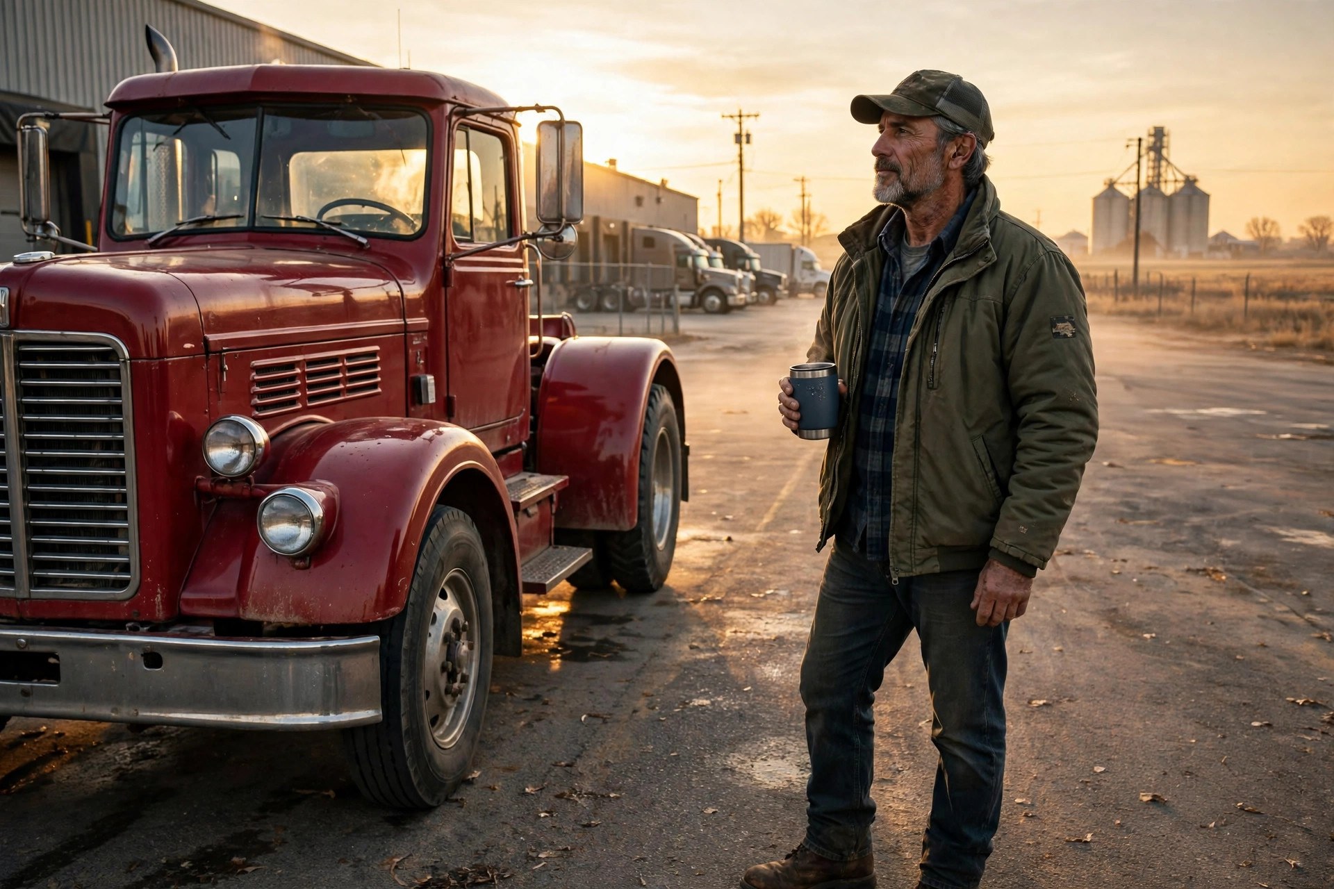 Illustration of an experienced long-haul truck driver standing beside a red semi tractor at a Midwest terminal at sunrise, holding a coffee cup