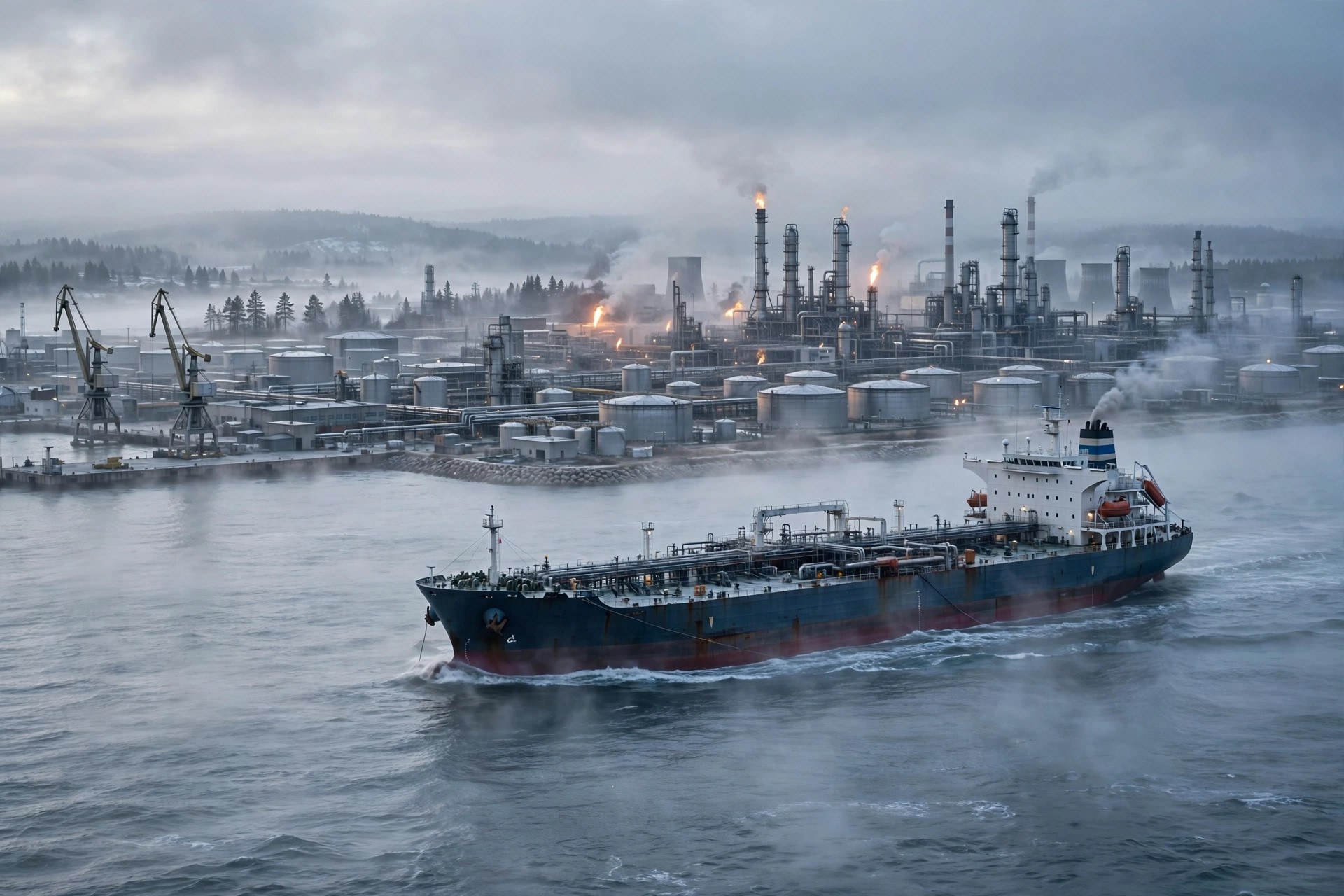 Illustration of a large oil products tanker leaving a Baltic Sea port at dawn, with a refinery and storage tanks on the shore behind it