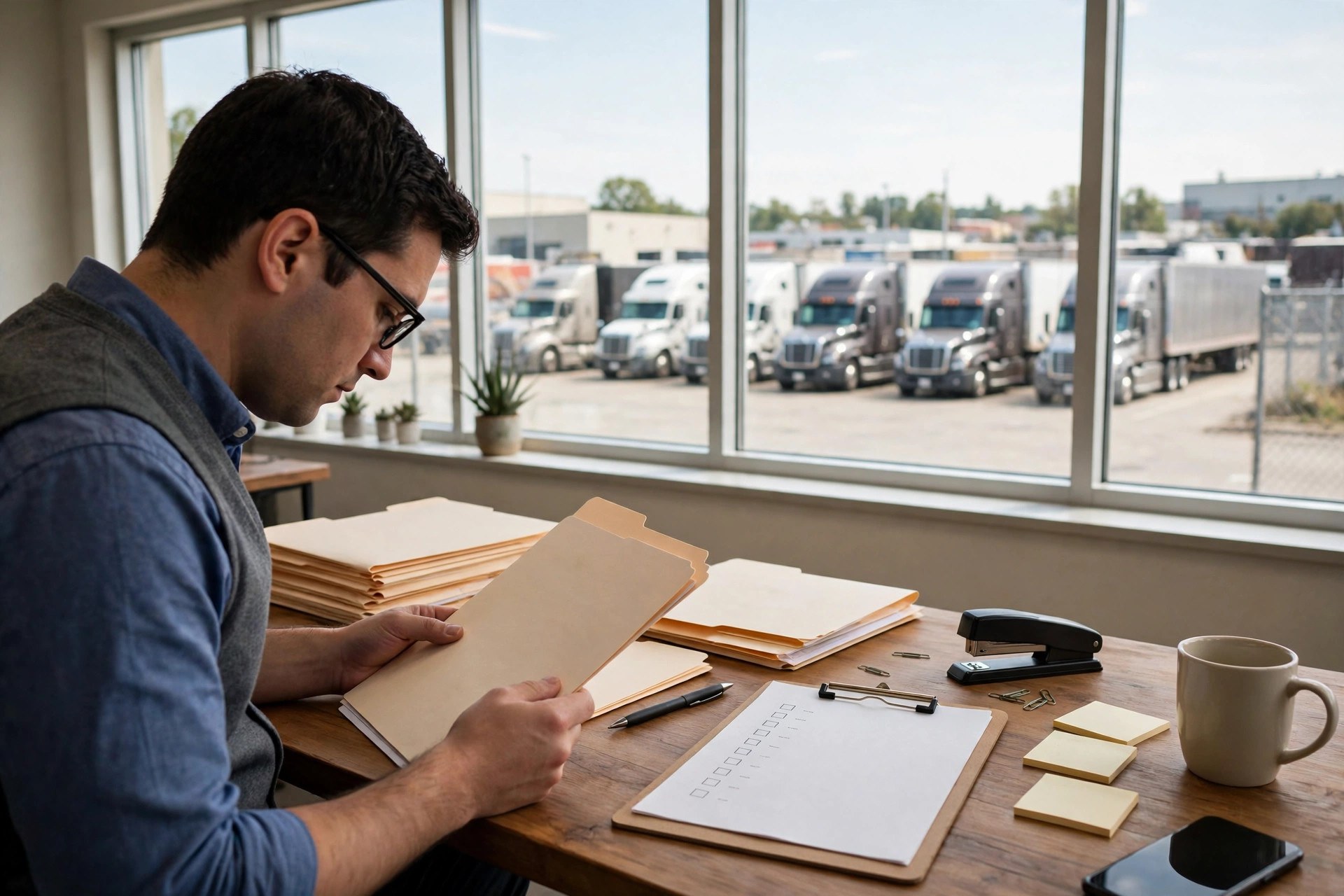 Illustration of a broker reviewing a carrier safety file at a desk with a checklist clipboard, with semi trucks at a distribution yard visible through the window