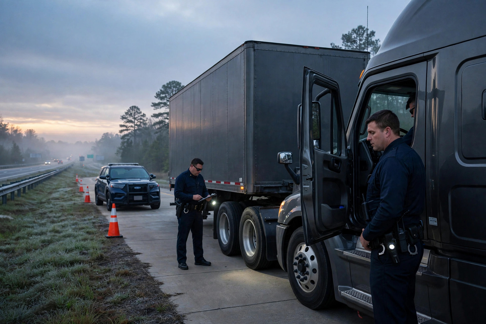 Illustration: highway patrol officers inspecting a semi truck during an enforcement blitz on an Arkansas interstate at dawn