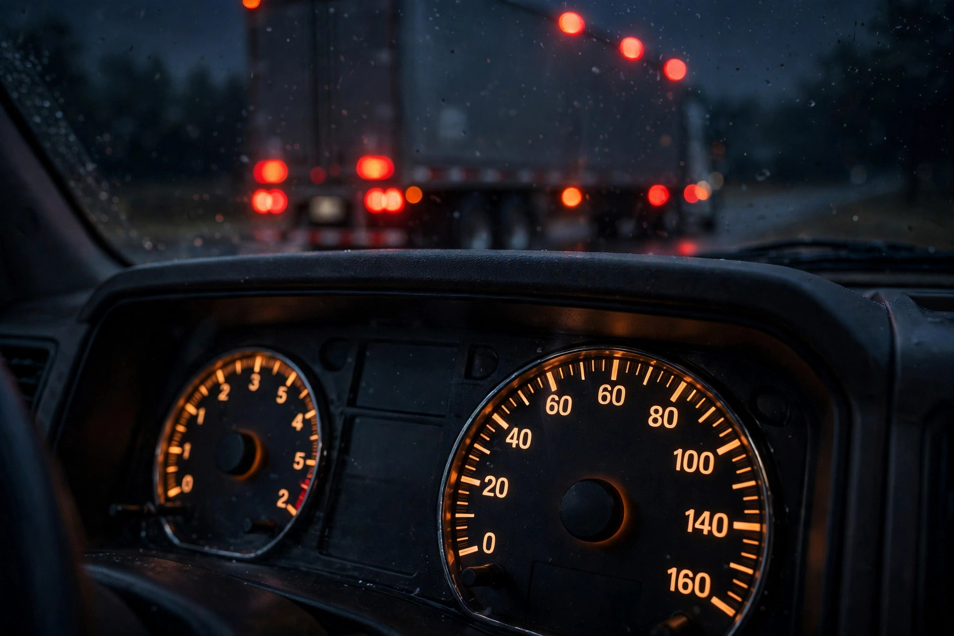 Illustration: a heavy-duty pickup instrument cluster close-up with a semi trailer's rear warning lights behind it at night