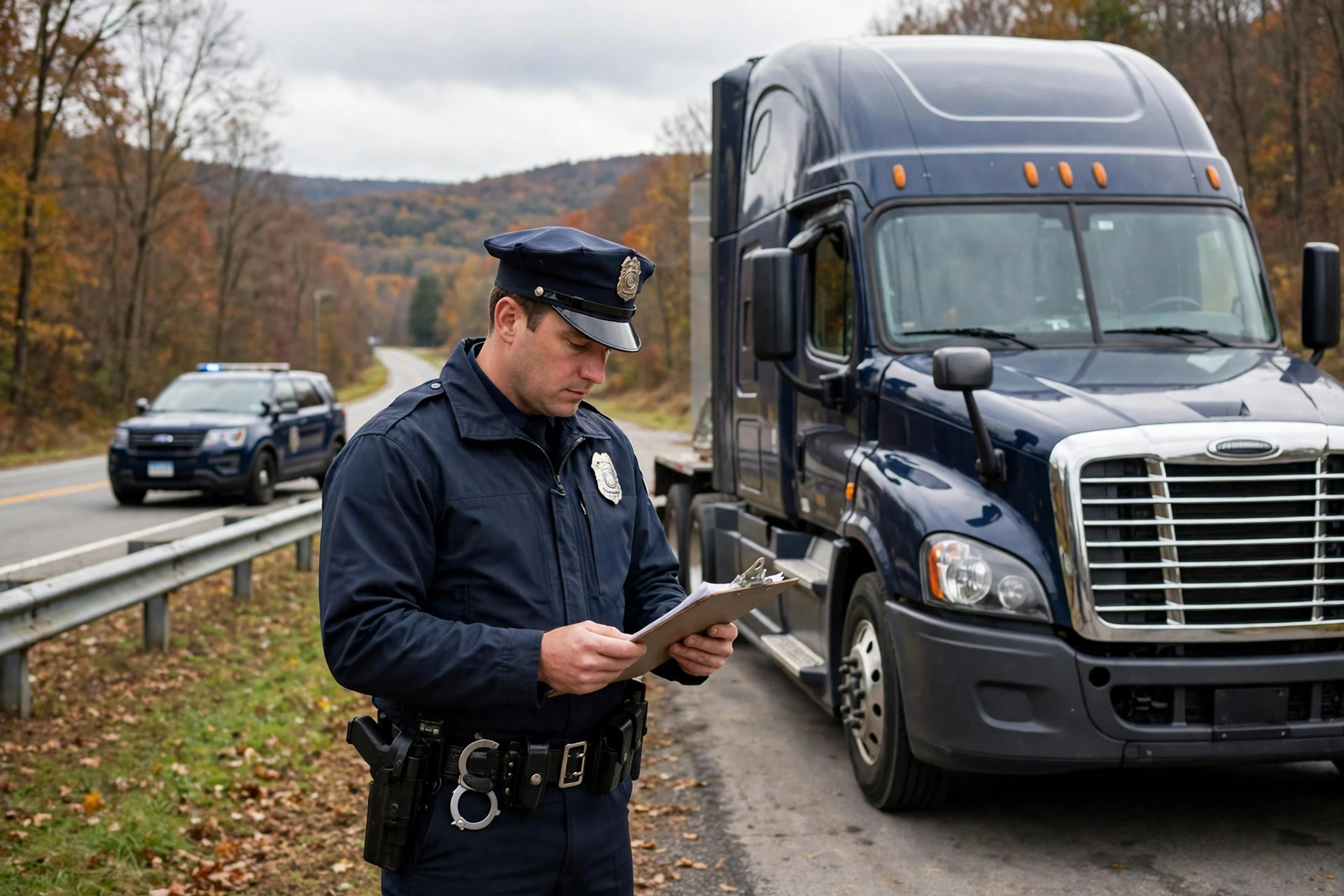 Illustration: a state trooper reviewing a commercial driver's medical paperwork beside a semi truck at a roadside stop