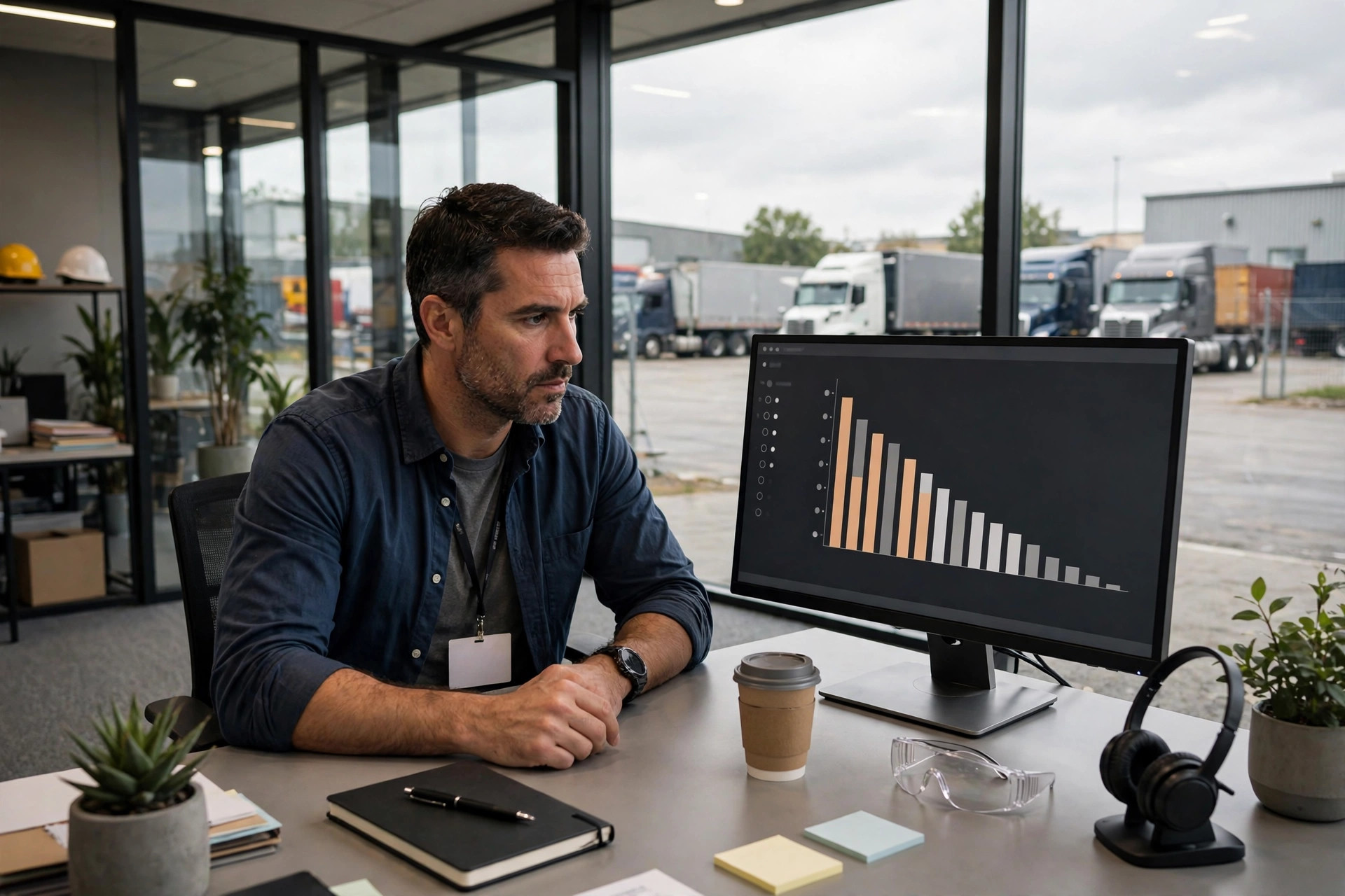 Illustration: a fleet manager reviewing an approved-carrier list on a screen in a trucking office with semi trucks outside