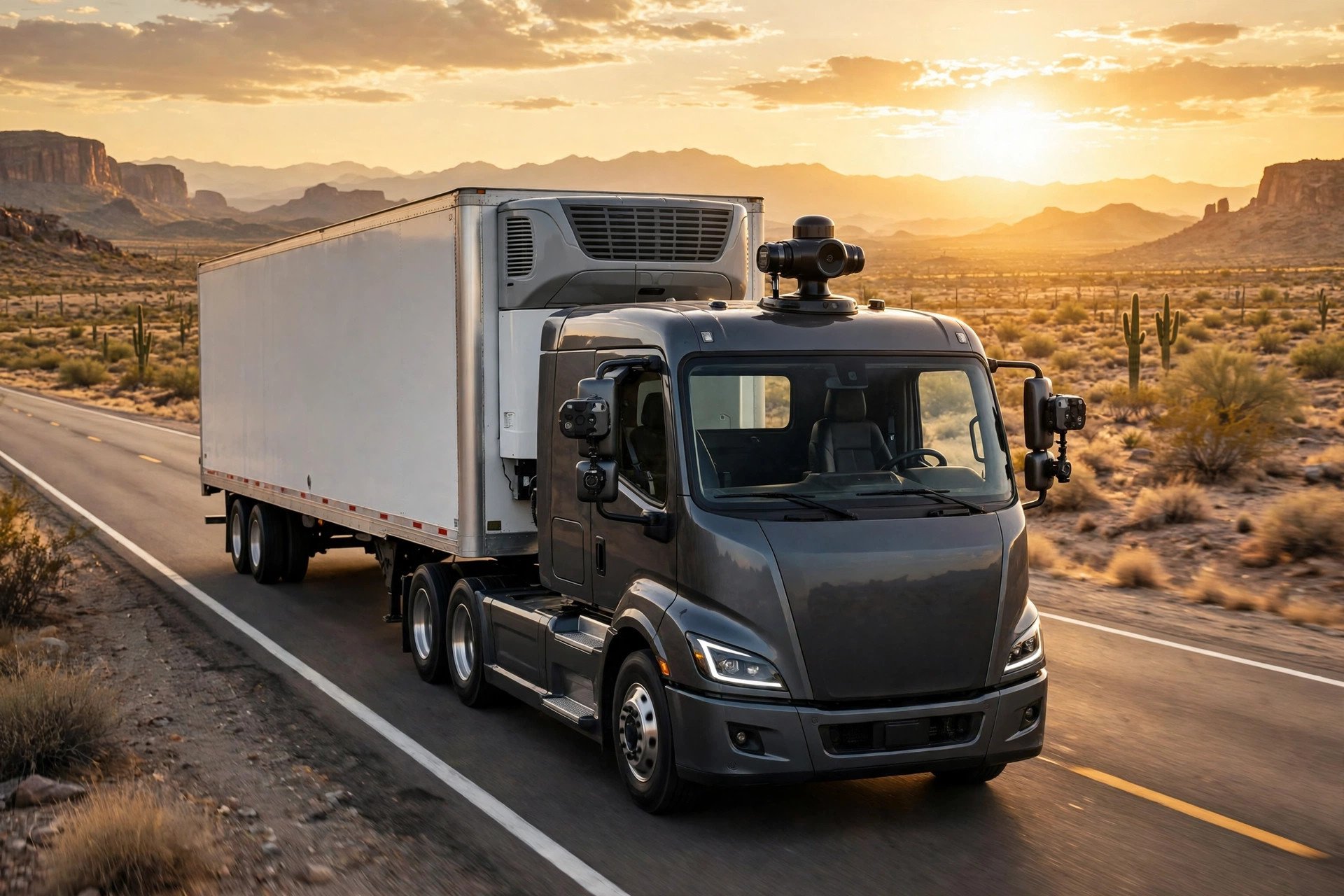 Illustration: a driverless semi truck with sensor pods on its mirrors driving a desert interstate at golden hour, hauling a refrigerated trailer