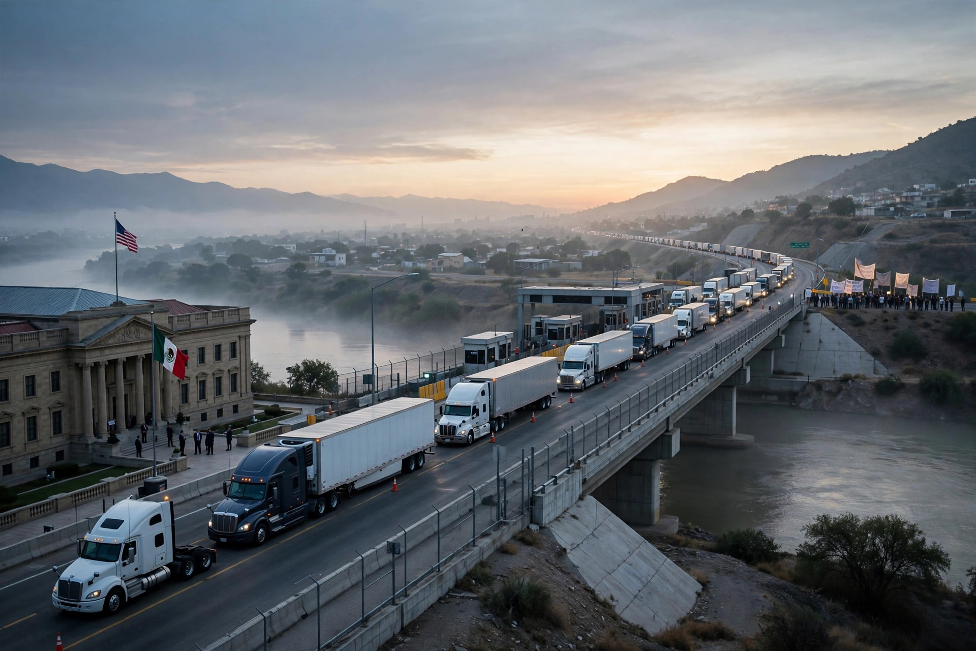 Illustration: semi trucks queued at a US-Mexico border bridge at dawn with protest activity in the distance