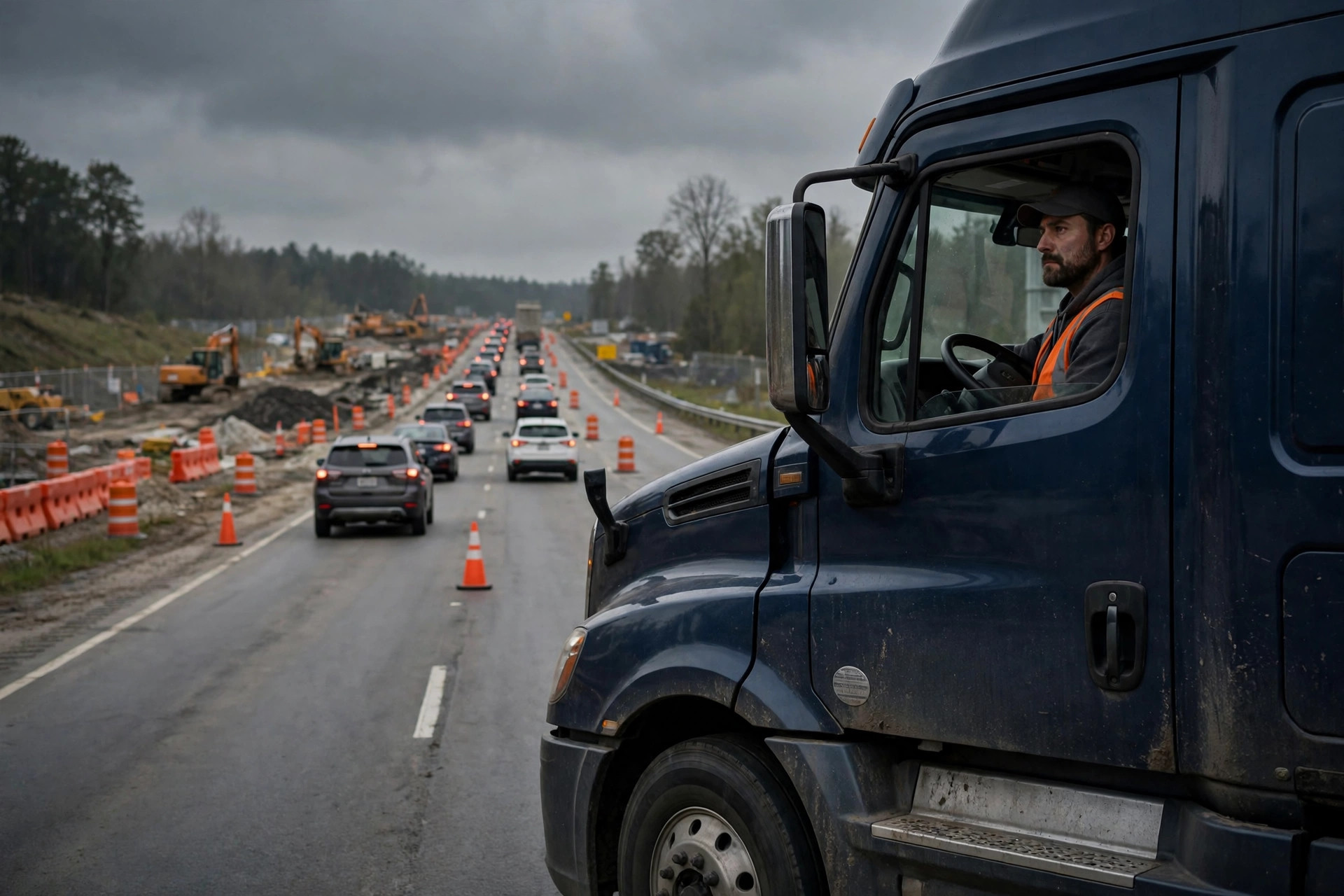 Illustration: a semi truck approaching orange construction-zone warning signs and slow traffic on an interstate
