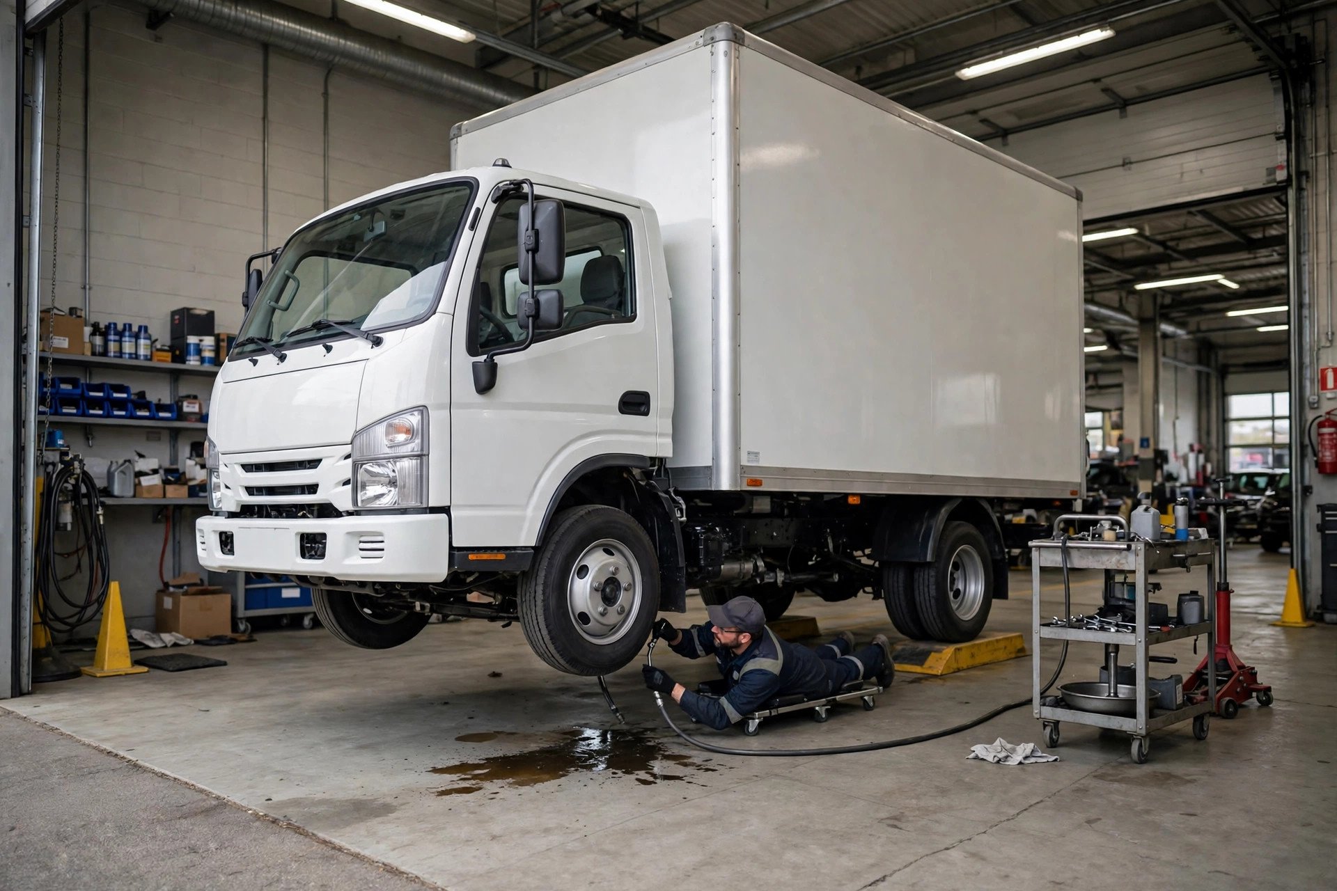 Illustration: a medium-duty truck in a dealership service bay while a mechanic inspects a fuel hose under the cab