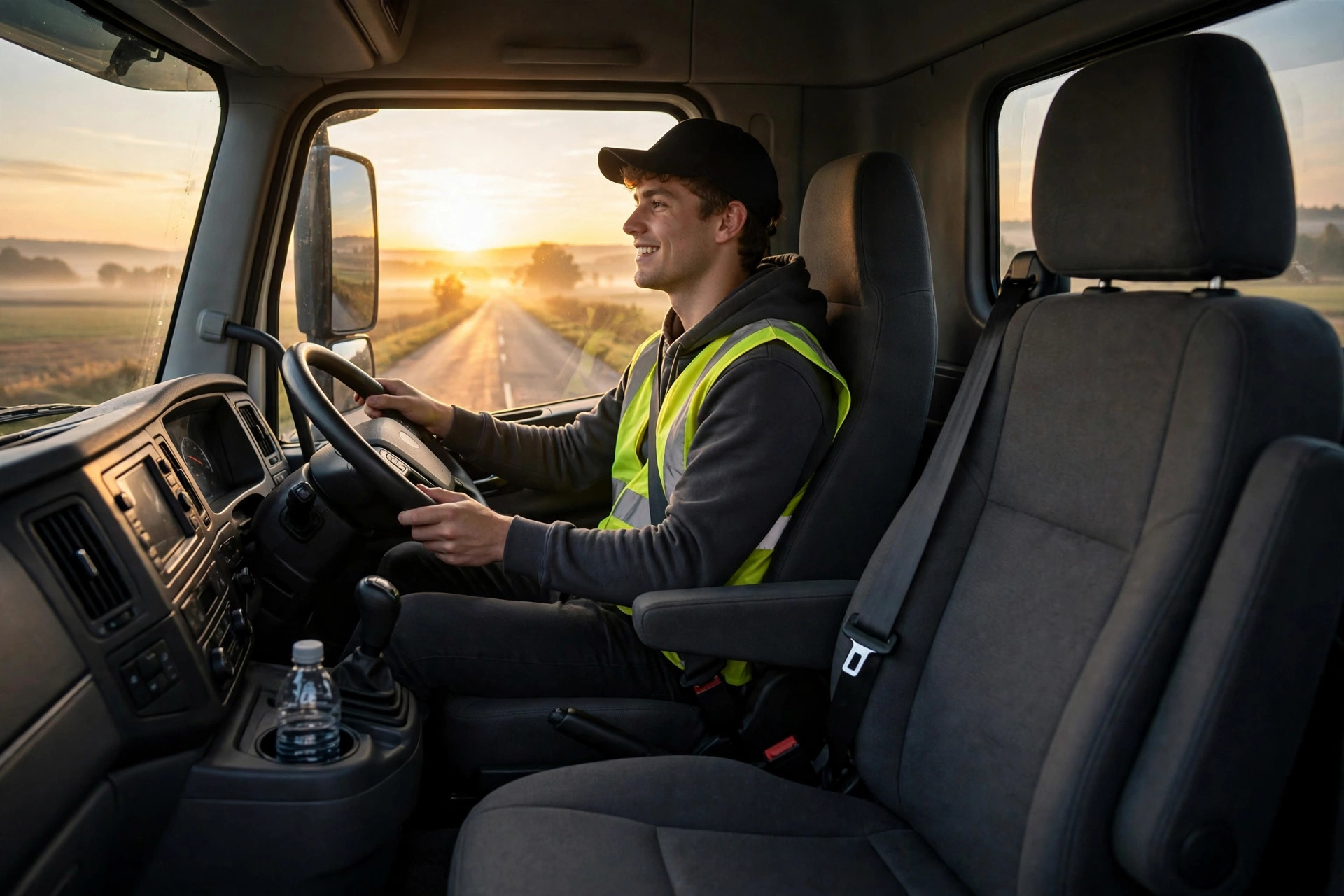 Illustration: a newly tested learner's-permit driver driving a semi truck toward home at sunrise with an empty passenger seat