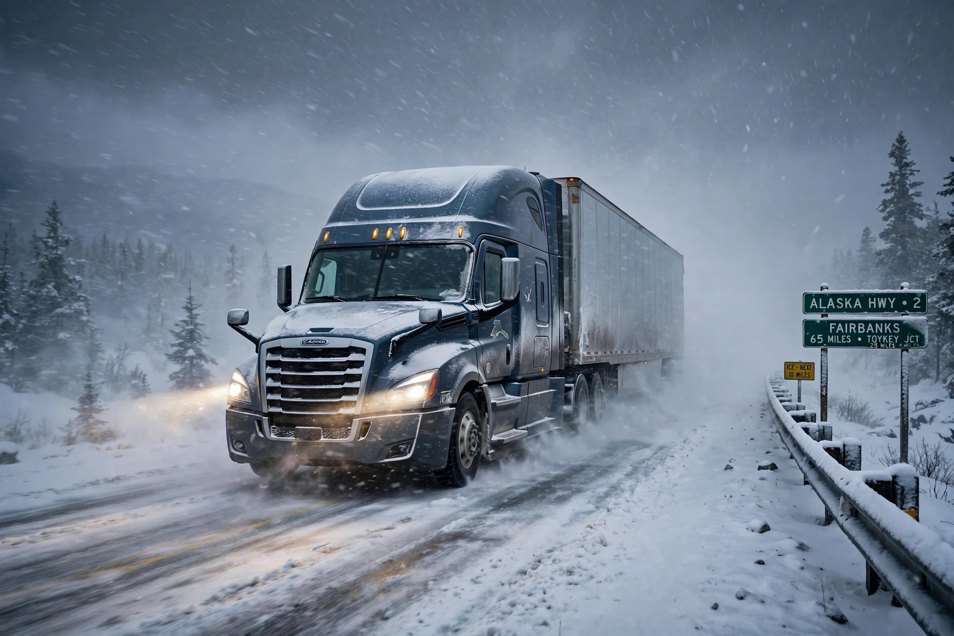 Illustration: a semi truck driving through heavy snow on a two-lane Alaska highway with low visibility