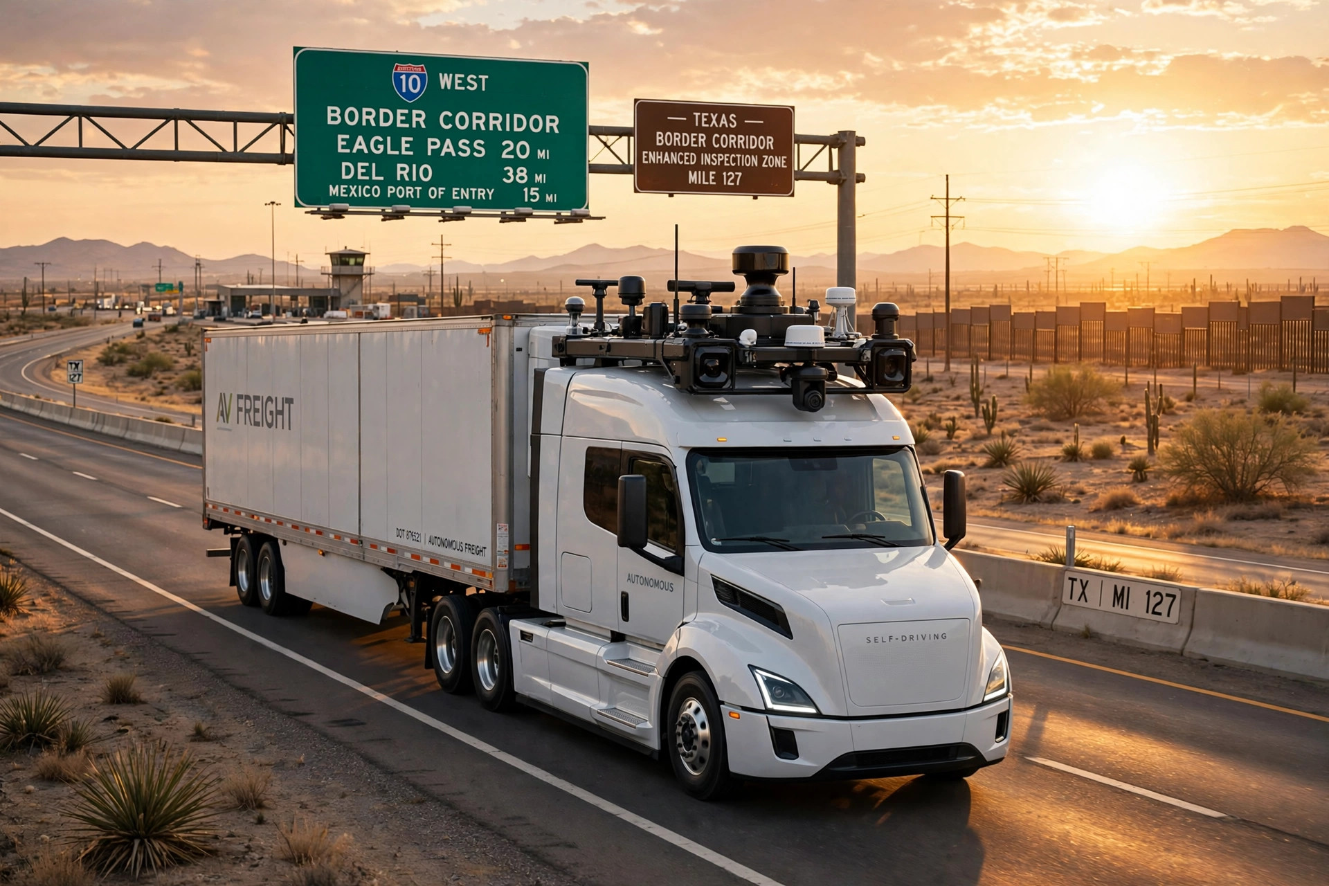 Illustration: a driverless semi truck with a roof sensor array driving a Texas border-corridor interstate at golden hour