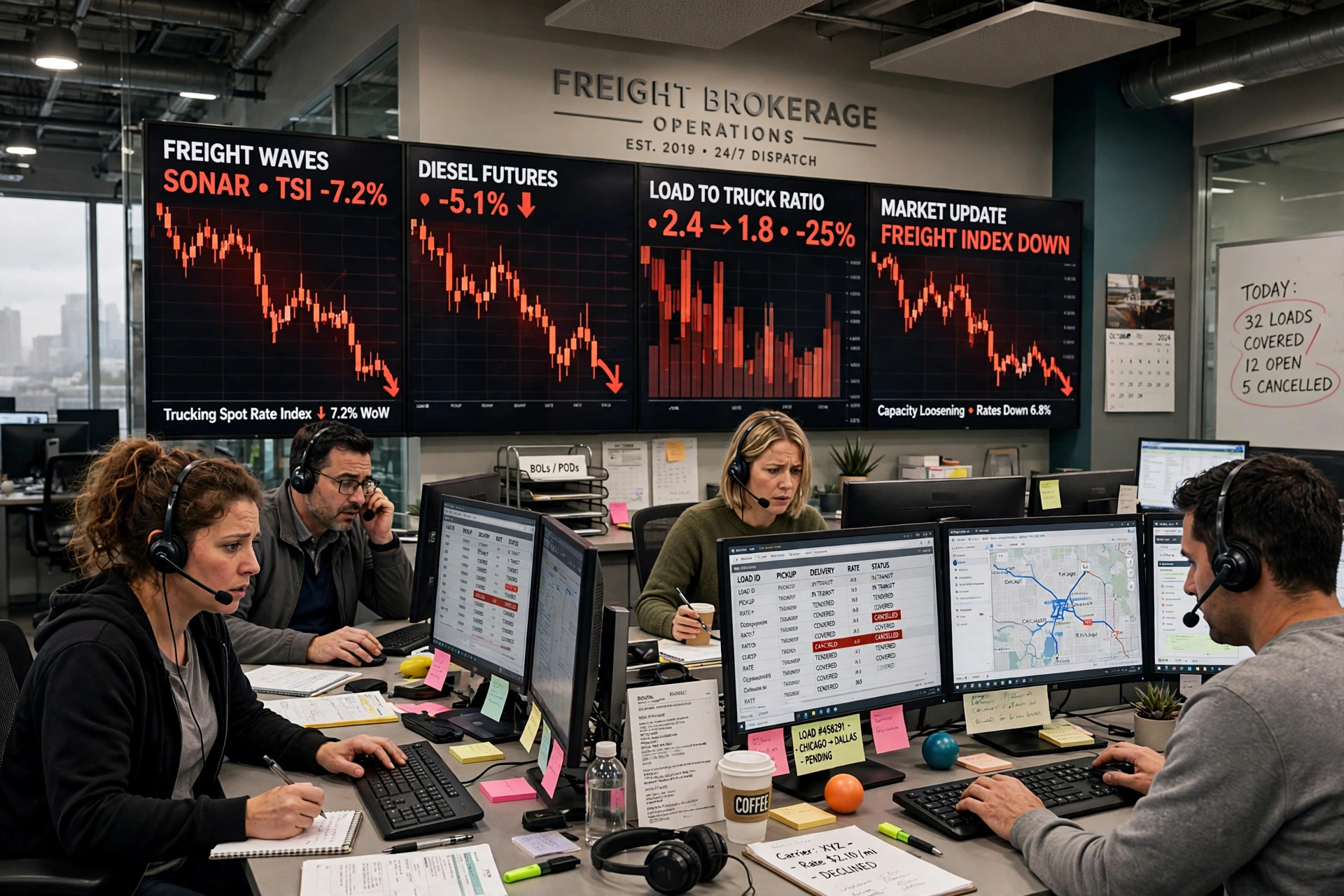 Illustration: a freight brokerage operations floor with stock charts falling on large screens behind dispatchers