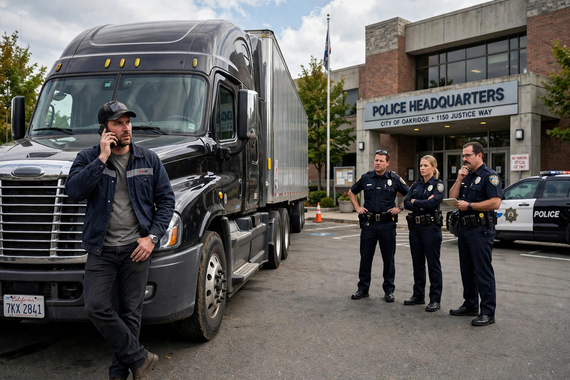 Illustration: a truck driver on the phone beside his semi truck at a police headquarters parking lot while officers watch
