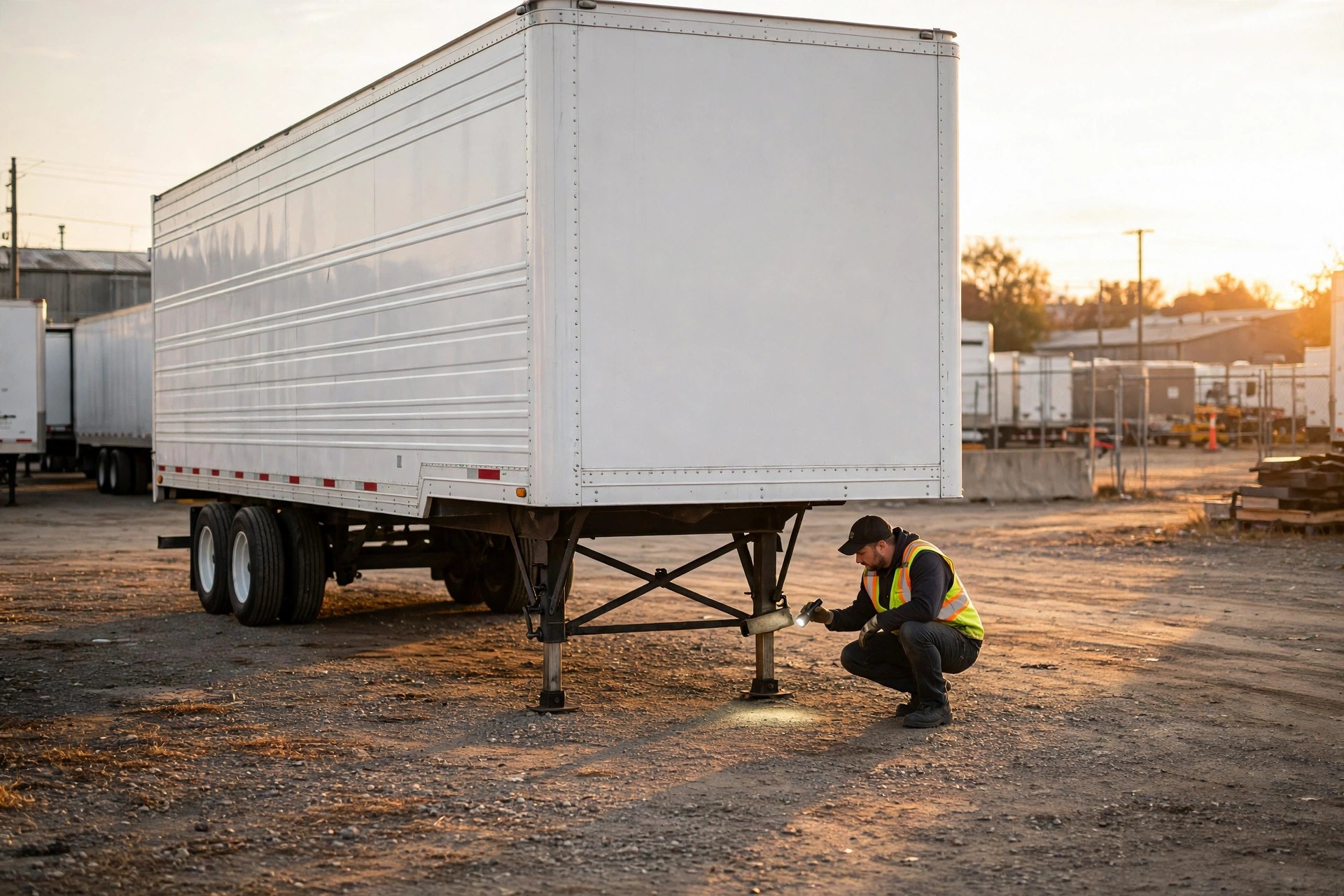 Illustration: a mechanic inspecting the landing gear of a parked dry van trailer in a fleet yard