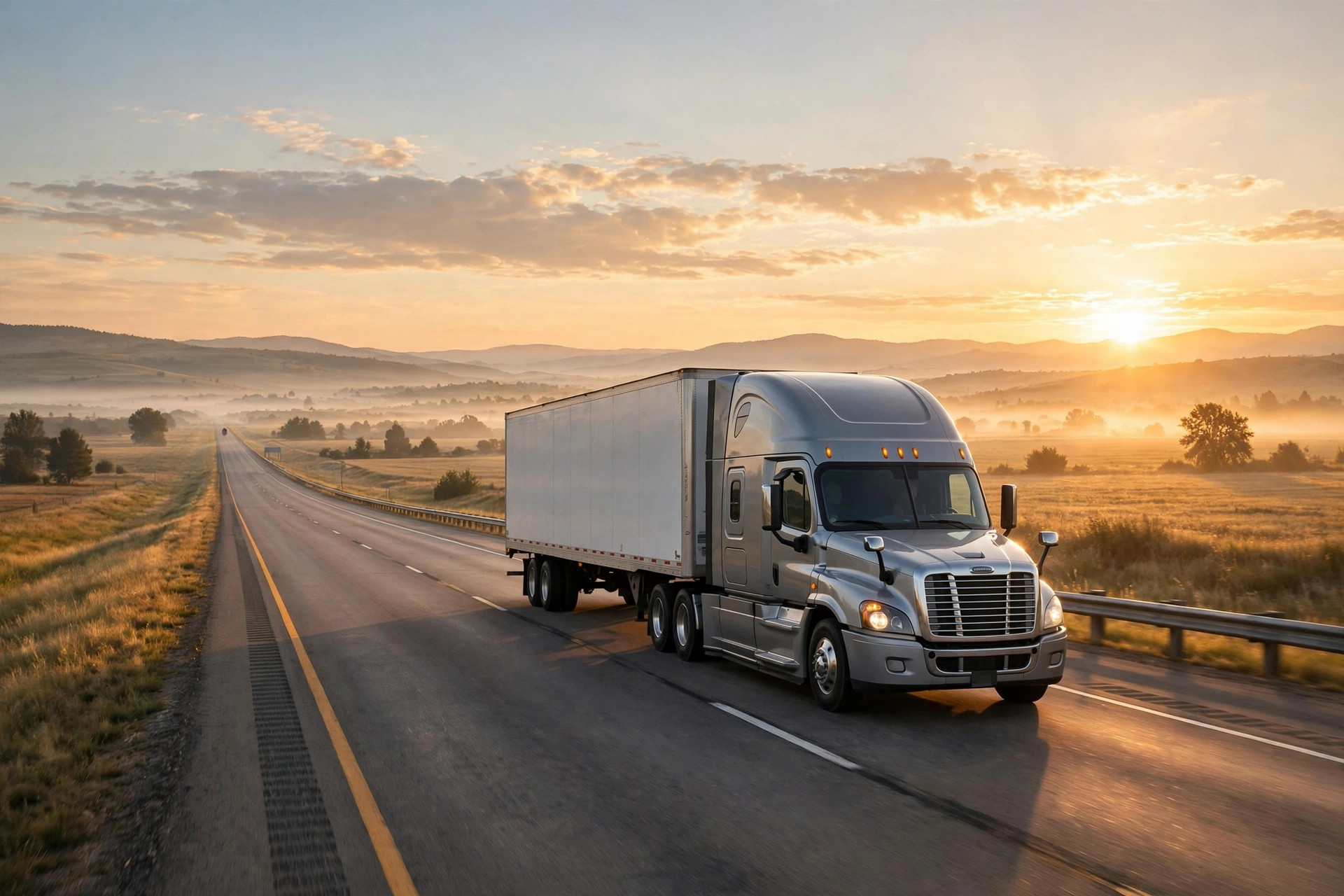 A semi truck on an open interstate at sunrise under golden light