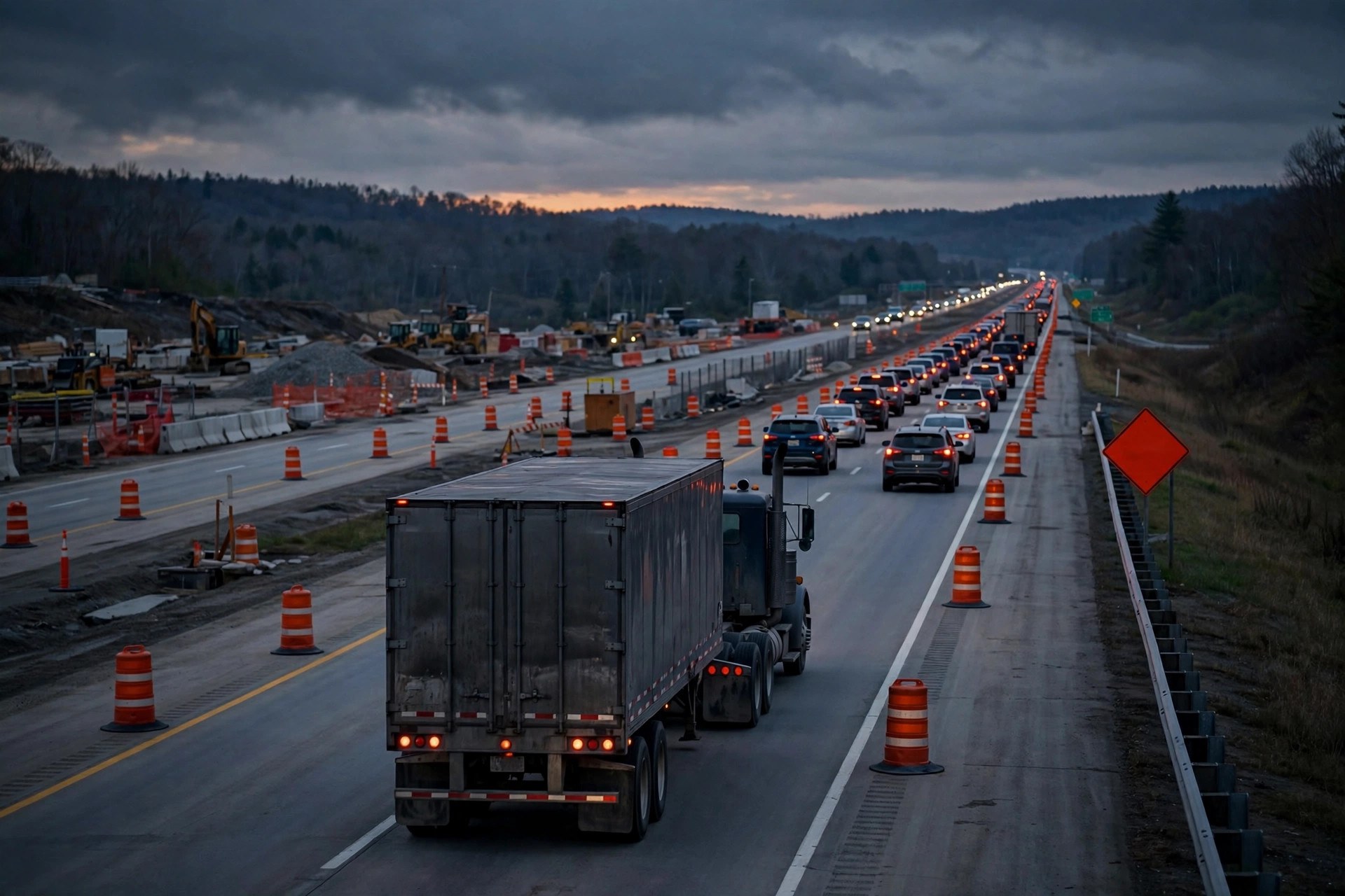 Illustration: a semi truck behind a line of stopped traffic in an interstate construction zone at dusk