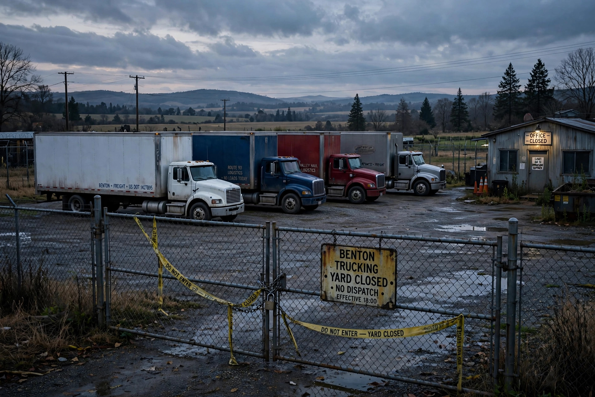Illustration: a small fleet of parked semi trucks outside a closed rural trucking yard at dusk