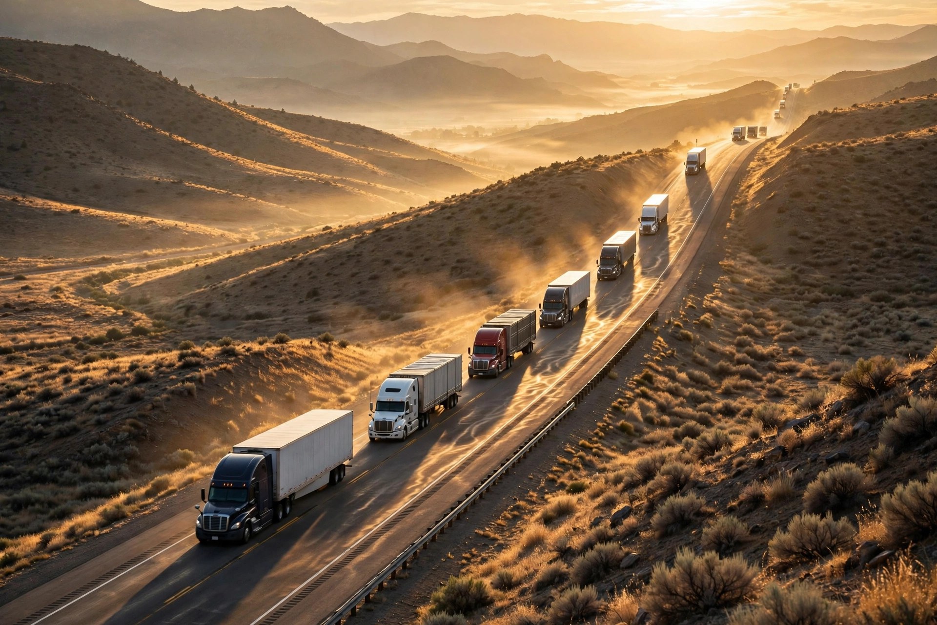 Illustration: semi trucks climbing a highway through arid hills at sunrise