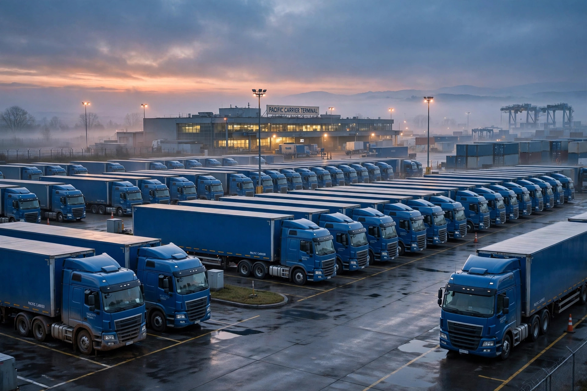 Illustration: rows of blue semi trucks parked at a large carrier terminal at dawn