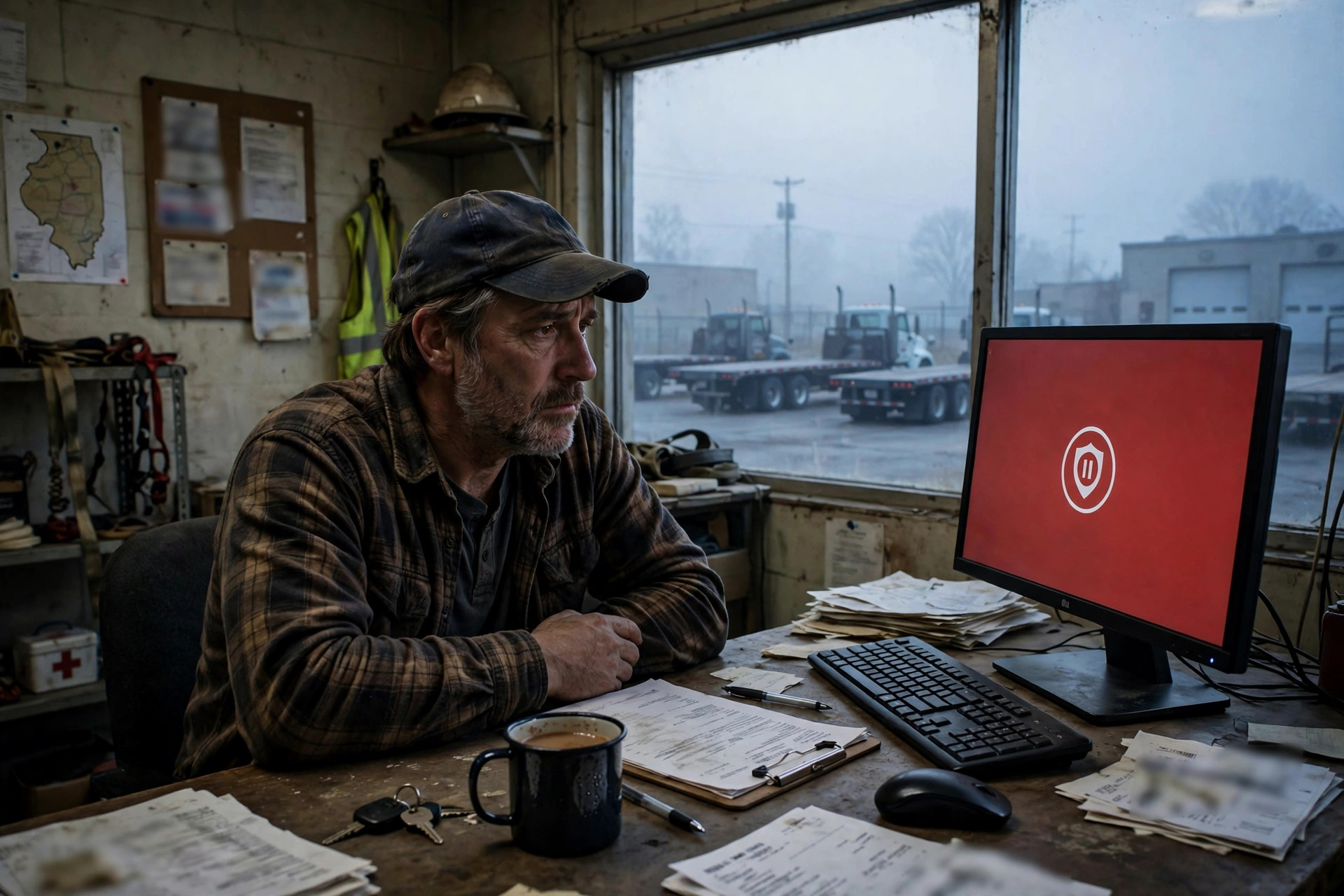 Illustration: a small flatbed trucking company owner at a desk in a modest Illinois terminal office looking at a computer screen, with flatbed semi trucks parked idle outside the window at dawn