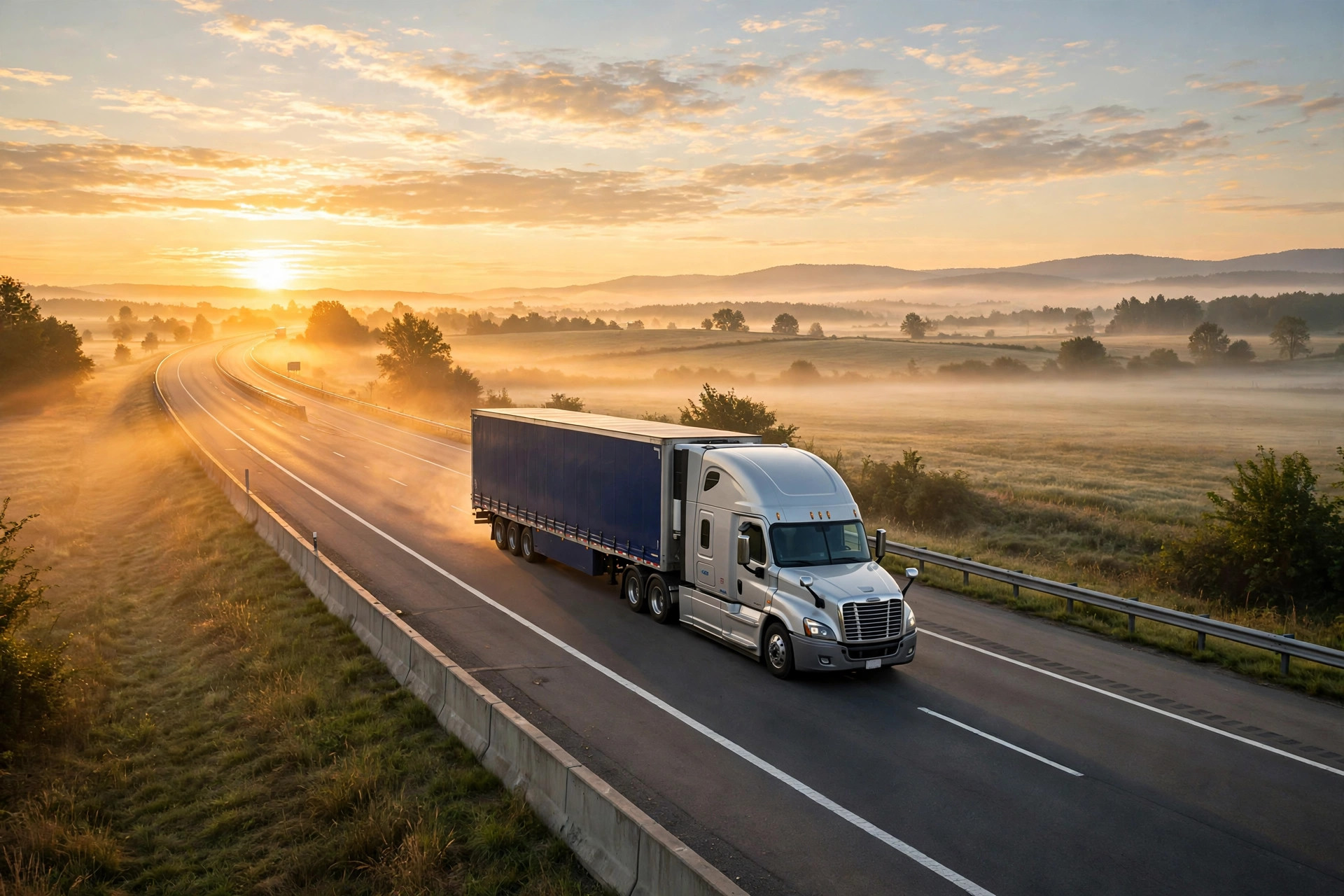 A semi truck on an open interstate at sunrise under golden light