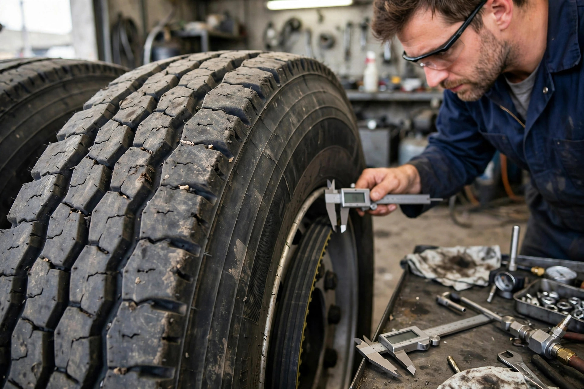 Illustration: a mechanic inspecting a large steel-belted radial semi truck tire in a maintenance shop, with tread and sidewall in close detail
